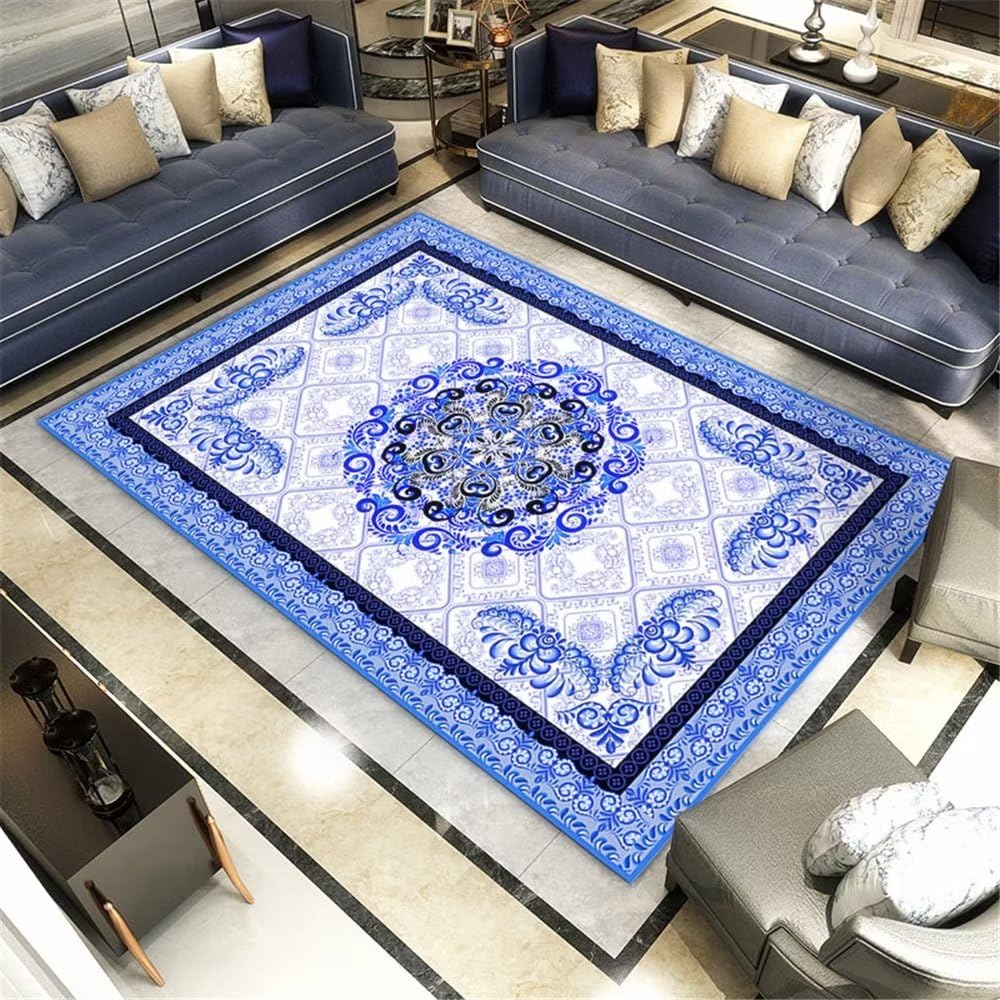 Tapis bleu géométrique vintage 180x280 pour salon et grand couloir moderne