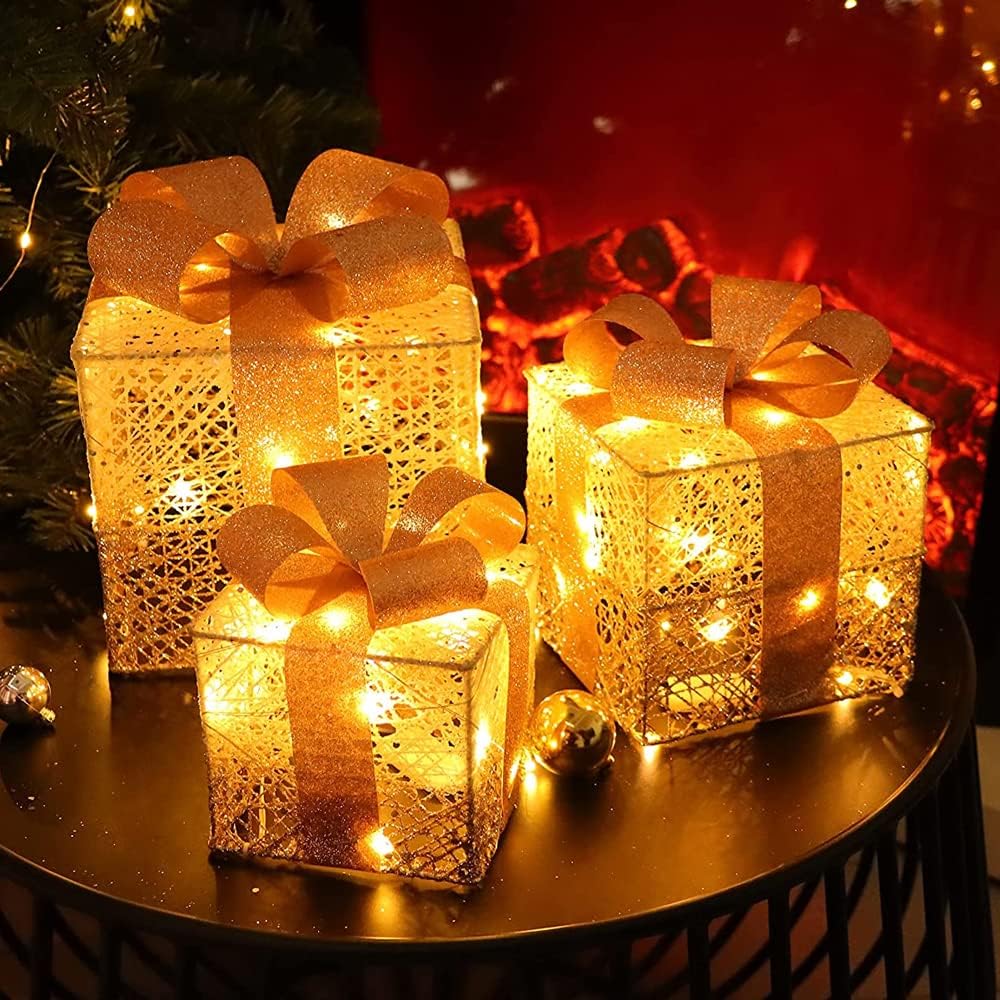 Christmas Decorations Lighted Gift Boxes Set of 3 , Pre-lit 80 LED Light Up Present Boxes, Perfect for Christmas Home Indoor Christmas Tree Gift Box Decors