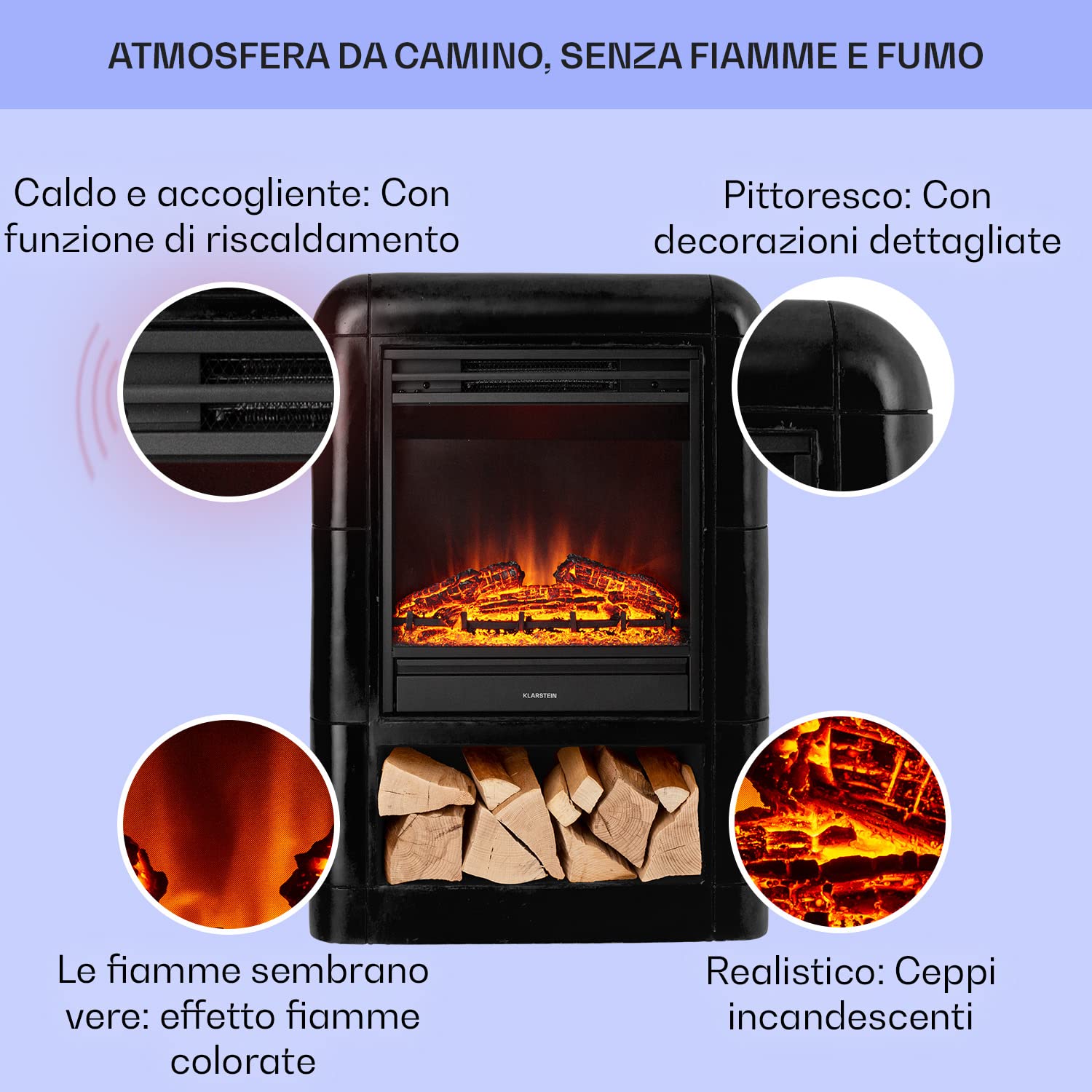 Klarstein Camino Elettrico, Camino da Terra con Mensola, Riscaldamento Elettrico con Fiamma LED, Caminetto Elettrico 1800W, Camino Finto con Telecomando, Timer, Controllo Temperatura, Termocamino