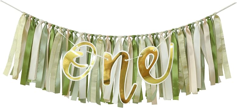 Green Ribbon Tassel Garland Fabric Tassel Banner for Gender Neutral One Baby Shower Photo Booth Birthday Decoration