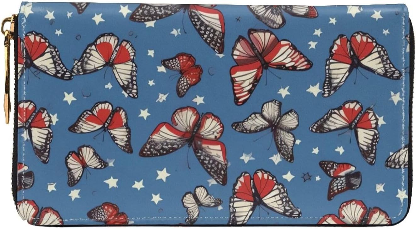 Patriotic Butterfly Zip Around Long Wallet Pu Leather Travel Card Holder Purse Clutch Bag For Women Men