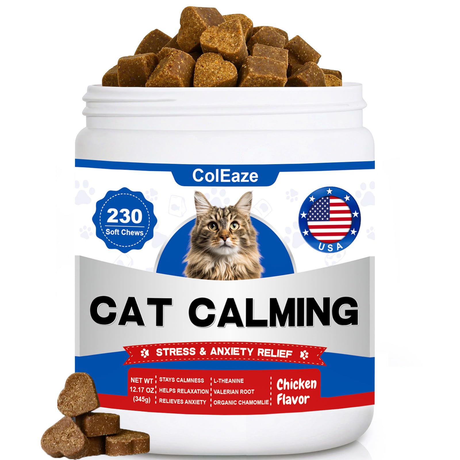 Calming Chews for Cats 230ct, Cat Calming Treats - Cat Anxiety Relief, Helps Reduce Stress & Promotes Relaxation for Travel, Boarding, Vet Visits, Separation Anxiety, Prevent Bites - Chicken Flavor