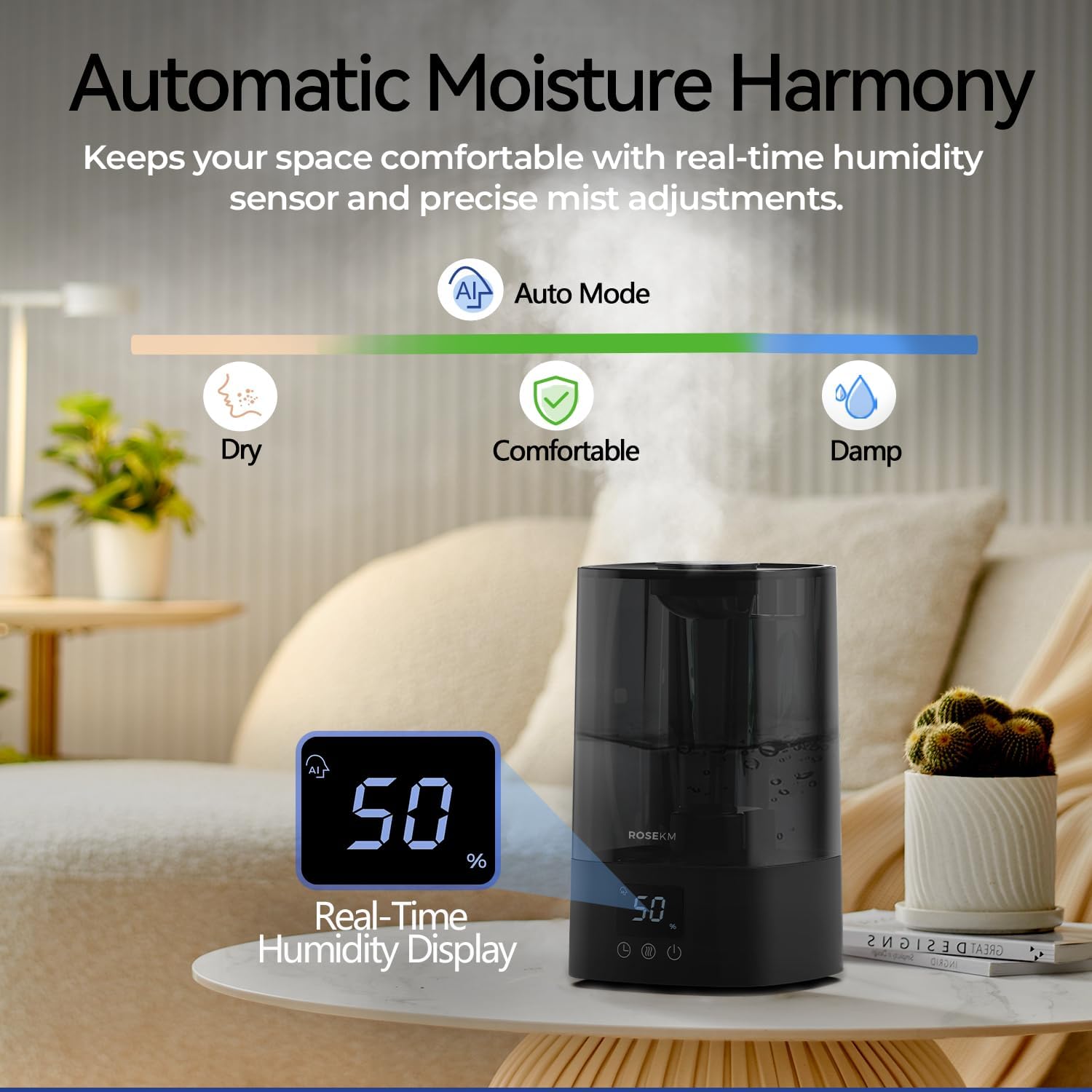 Rosekm Humidifier Automatic Moisture Harmony with Real-Time Humidity Display