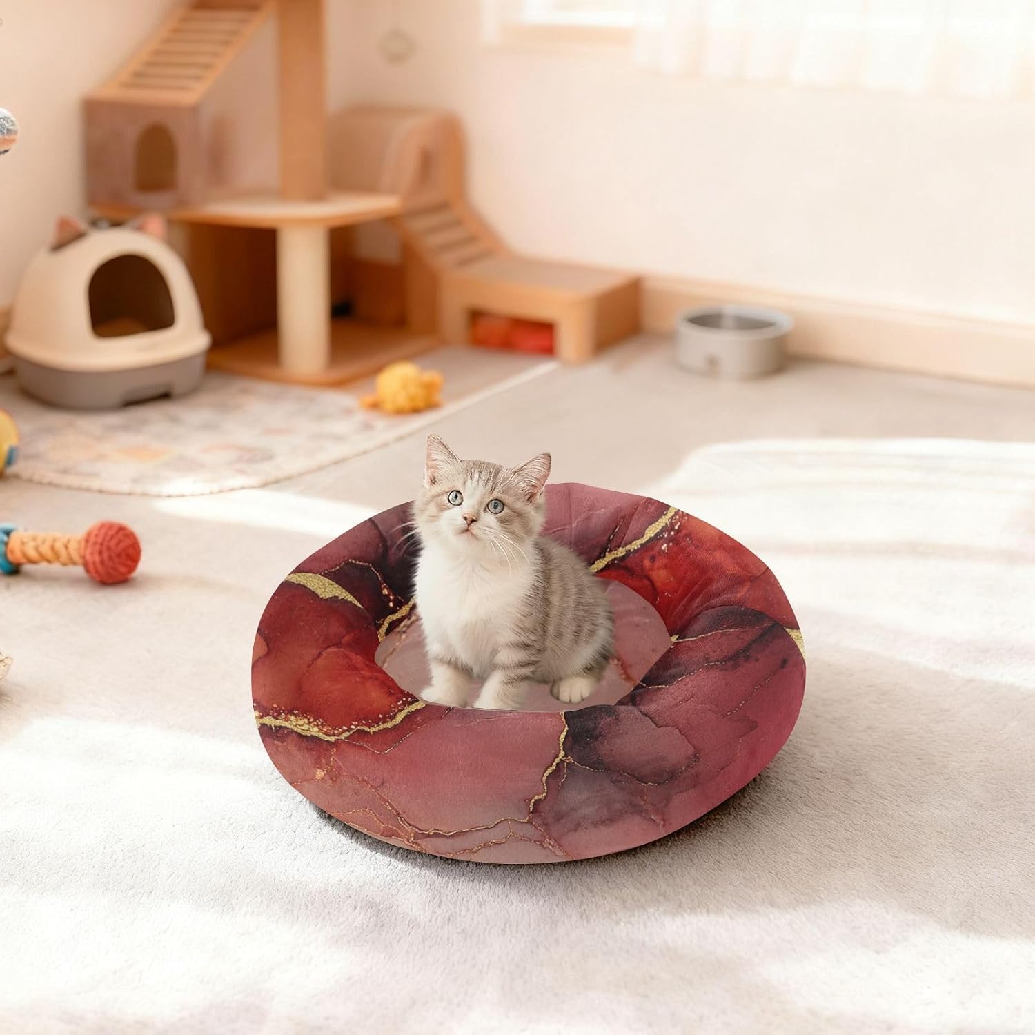 Marble Red Neutral Pet Cat Beds Warm & Cozy Dog Pillow Bed for Medium Size Pets Supplies S