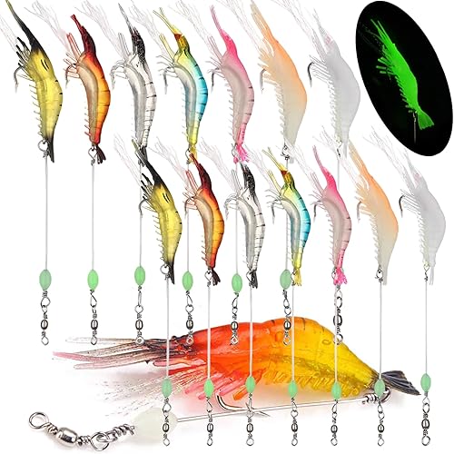 DAMIDEL Juego de 30 señuelos de pesca de agua salada de camarones de simulación, juego de señuelos de plástico suave, juego de señuelos de camarón