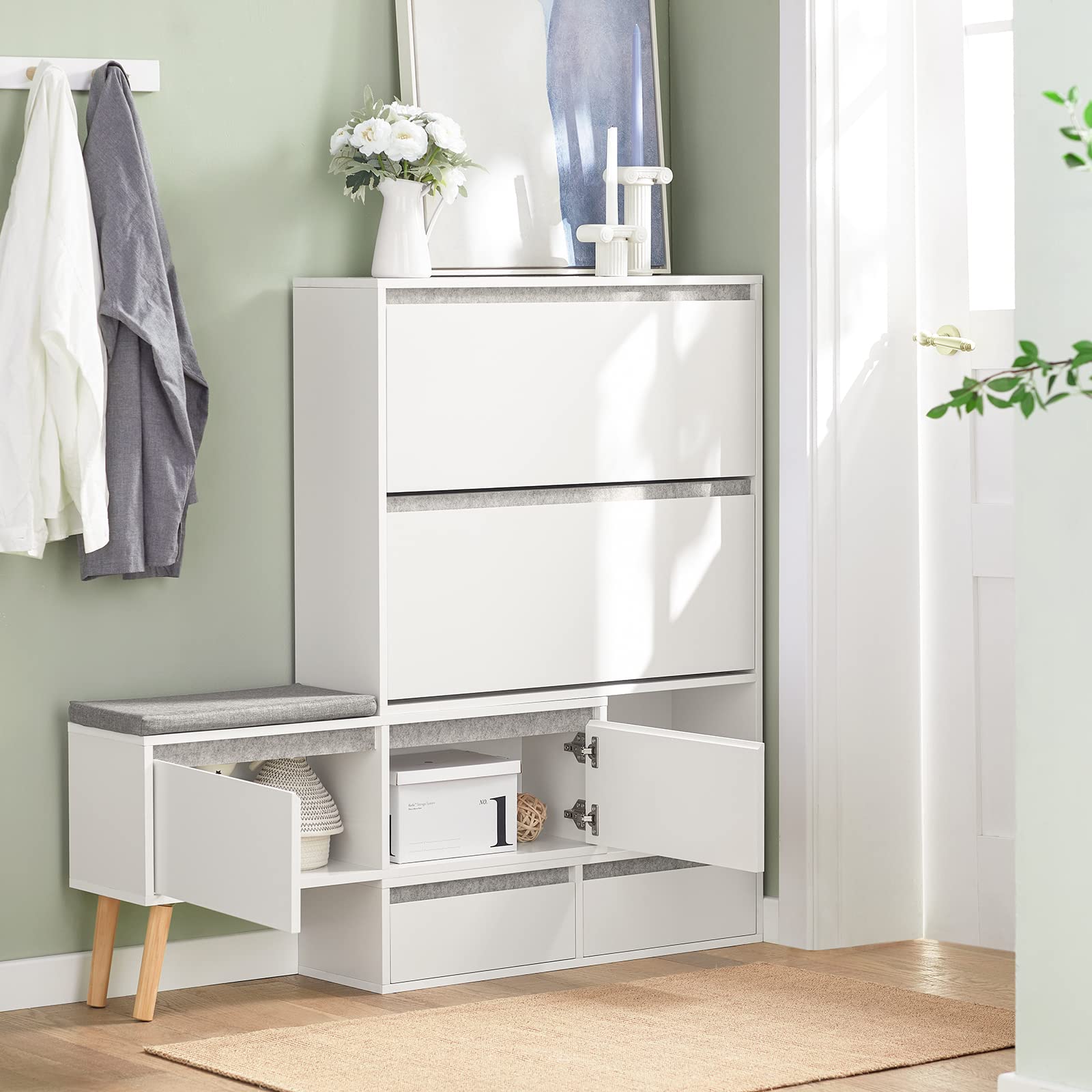 SoBuy Scarpiera con 1 panca portaoggetti rimovibile su piedini, armadio d'ingresso con 2 ante 2 cassetti e cuscino per seduta - (124-92) x 24 x 126 cm, FSR134-W