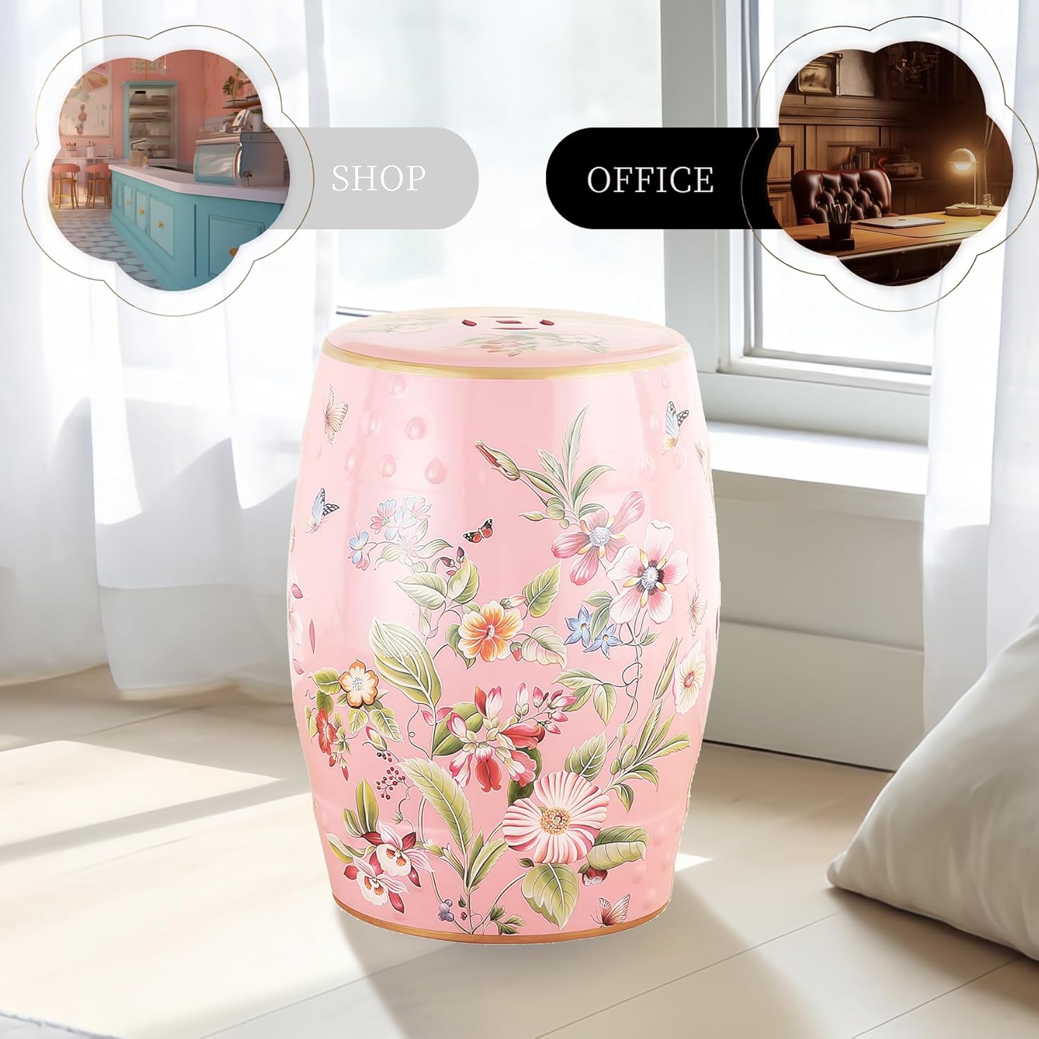 FENGSHUI-CAISHEN Chinese Stools, Ceramic Garden Stool, Indoor/Outdoor Side Table, Plant Stand, Classical Footstool for Living Room, Bedroom, Patio, Chinese Decor & Gifts (Pink)