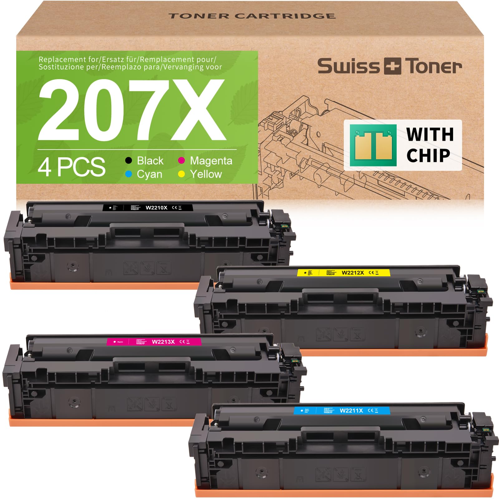 swiss toner 207X (con chip) Compatibile con HP 207X Toner per HP Color Laserjet Pro MFP M283fdw Toner M255dw M282nw M283fdn Toner per HP 207X 207A W2210X W2211X W2212X W2213X 4-Pack