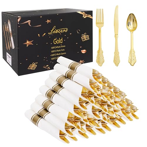 Liacere Gold Plastic Silverware Pre Rolled Napkins Set