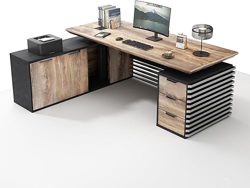 Miniatura 11 de SAINTCY Escritorio ejecutivo de pie en forma de L de 70.87 pulgadas con cajones, escritorio grande y moderno de altura ajustable para oficina en