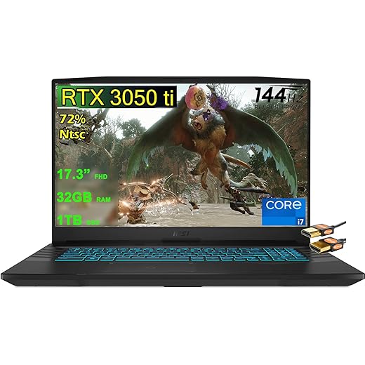 MSI Crosshair 17 Gaming Laptop 17.3” FHD IPS 144Hz (72% NTSC) 11th Generation Intel Octa-core i7-11800H 32GB RAM 1TB SSD GeForce RTX 3050 Ti 4GB USB-C Backlit Keyboard Win10 + HDMI Cable