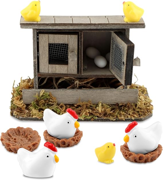 Miniature Chicken Coop Set, 13 Pieces, Wooden Coop with Hens, Chicks, Eggs and Nests, Farmhouse Decor for Fairy Gardens, DIY Mini Landscapes & Home Decor