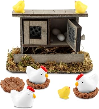 Miniature Chicken Coop Set, 13 Pieces, Wooden Coop with Hens, Chicks, Eggs and Nests, Farmhouse Decor for Fairy Gardens, DIY Mini Landscapes & Home Decor