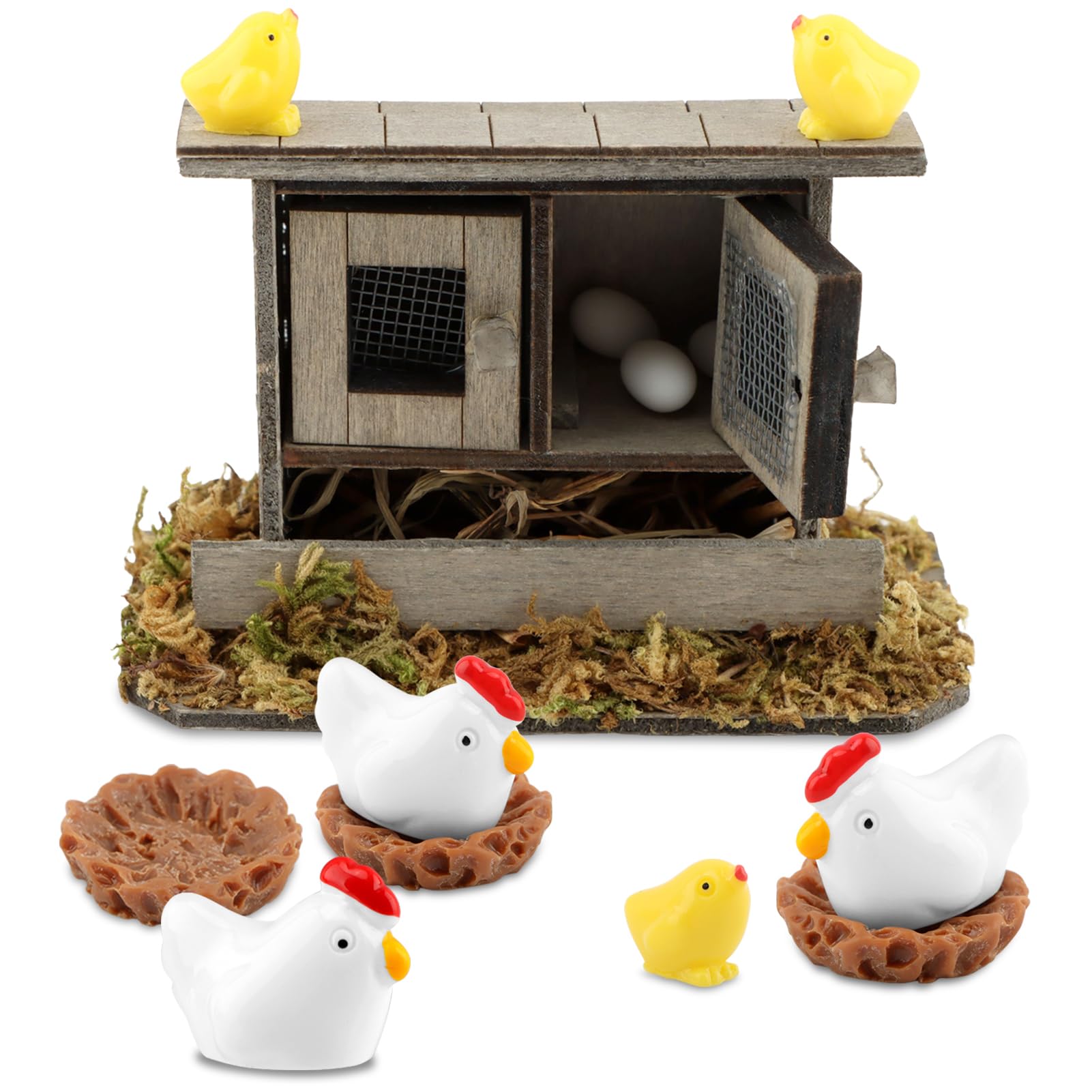 Set di pollai in miniatura, 13 pezzi, in legno, con galline, pulcini, uova e nidi, decorazione per giardini fatati, mini paesaggi fai da te e decorazioni per la casa
