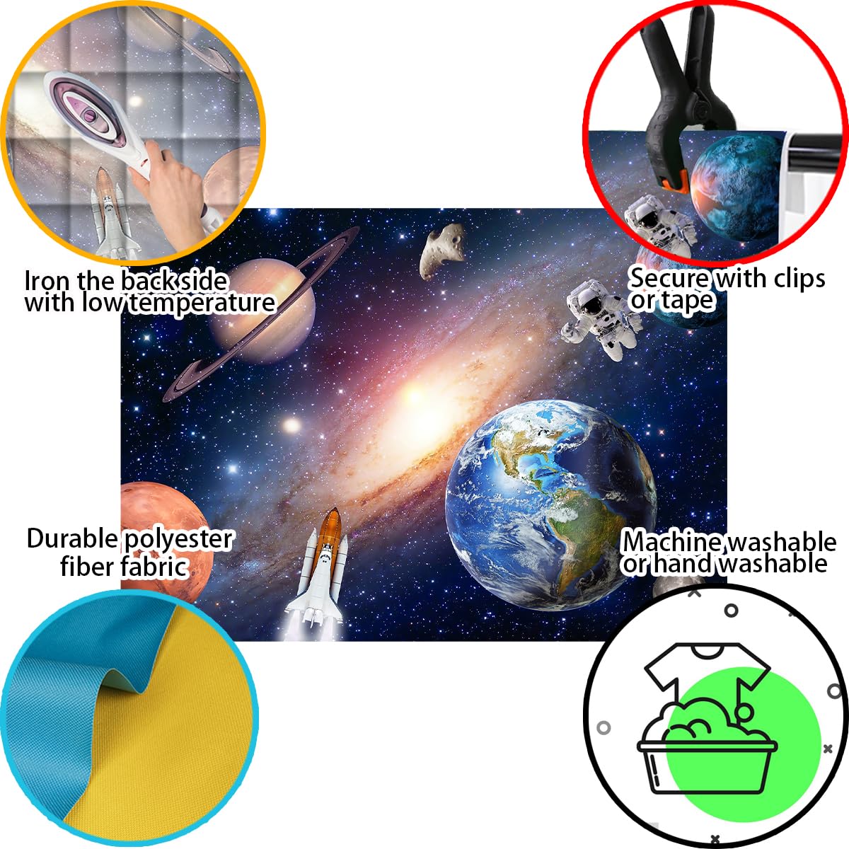 Telón de fondo del espacio exterior para bebés y niños, astronautas, cohetes, naves espaciales, universo, planetas, fondo perfecto para decoración de fiesta de cumpleaños temática de galaxia