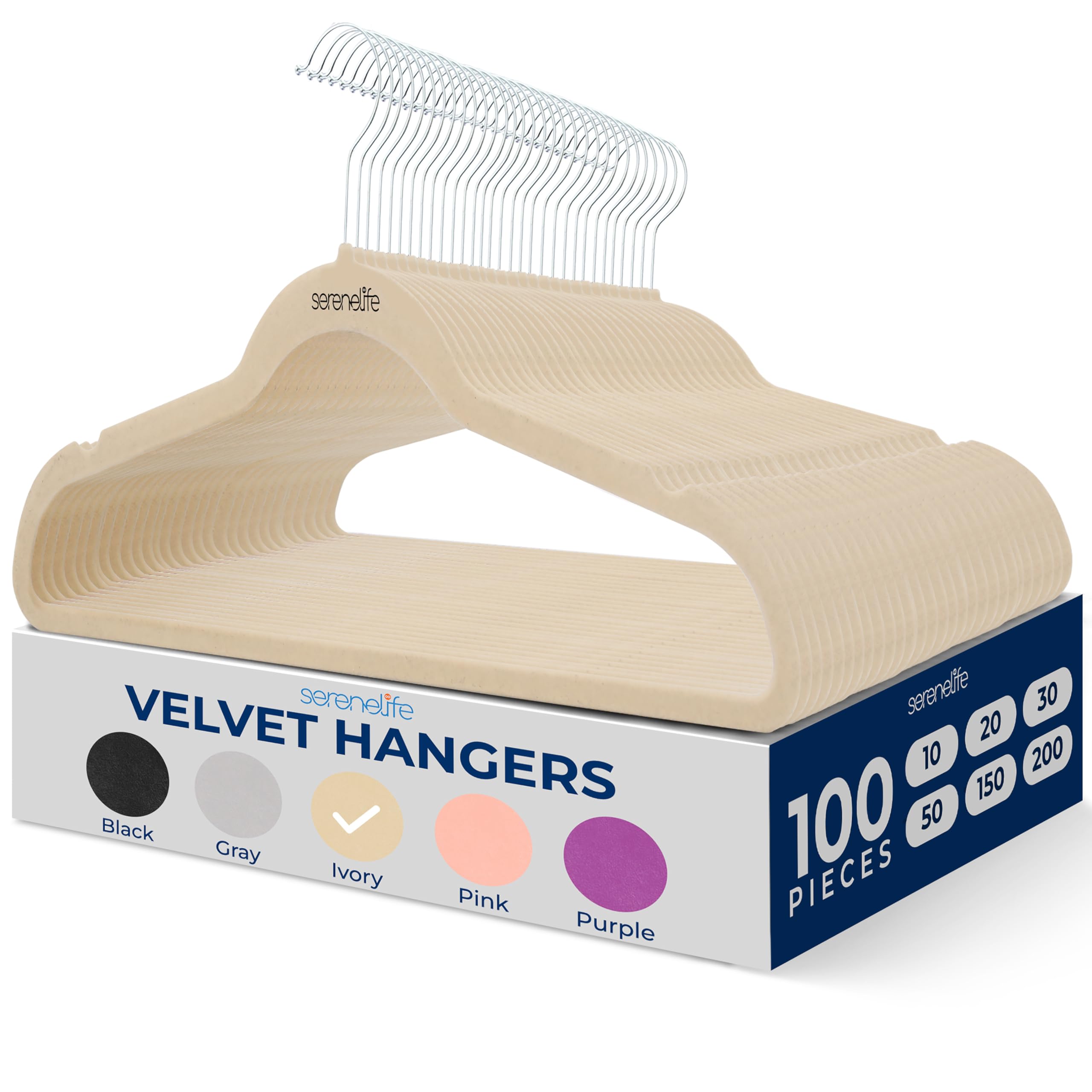 SereneLife 100 Pieces Velvet Hangers - Space Saving Heavy Duty Slim Suit Clothes Hanger Set with 360 Degree Swivel Metal Hook, Can Hold Up to 4.5 kg. For Coats, Jackets, Pants & Dress (Ivory)