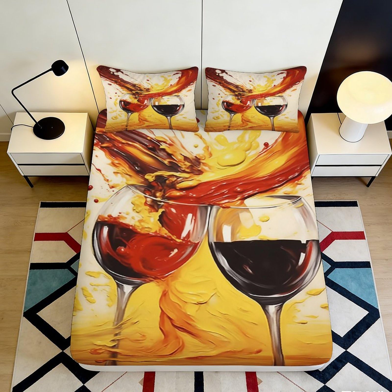 3D Printed Red Wine Splash Fitted Sheet Microfiber Soft Artistic Bed Cover for Bedroom Guest Room Dorm Decor 90x200x25cm
