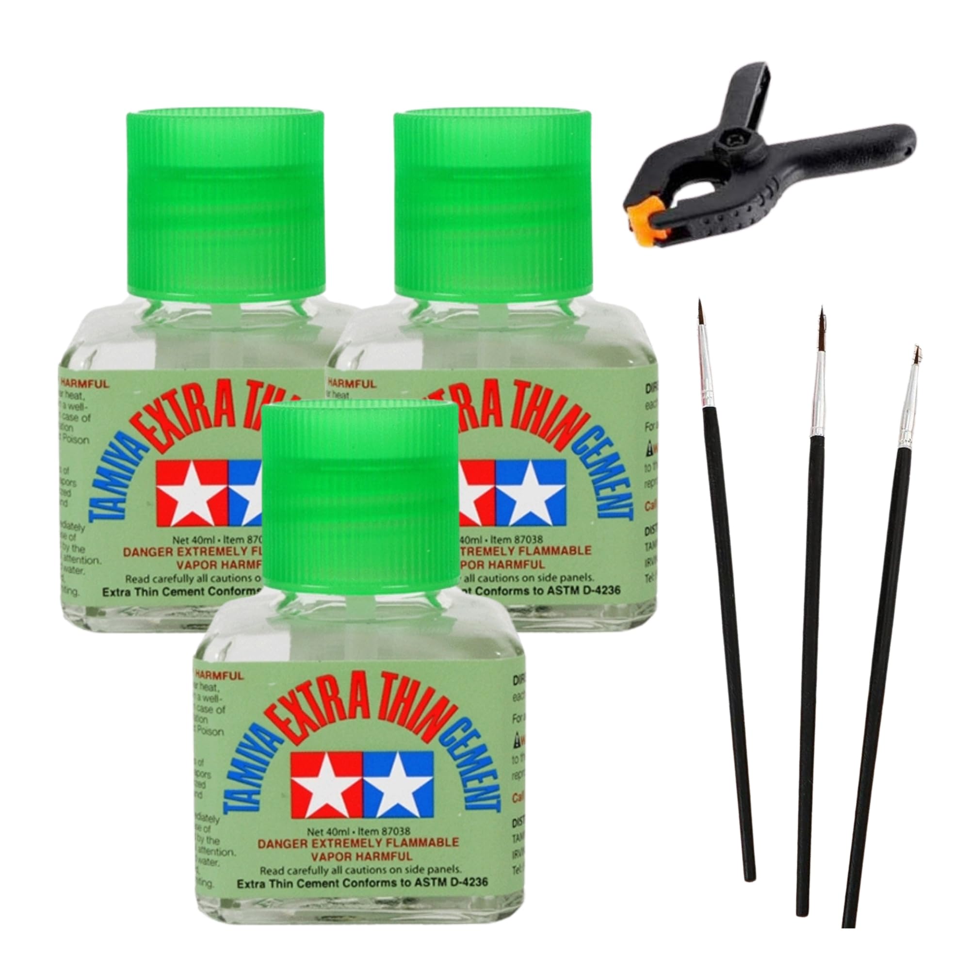 Model Glue Kit for Tamiya Extra Thin Liquid Cement Glue with Applicator Brush - 40ml Bottle - 87038 x3 Plastic Clamp x1 Brushes x3