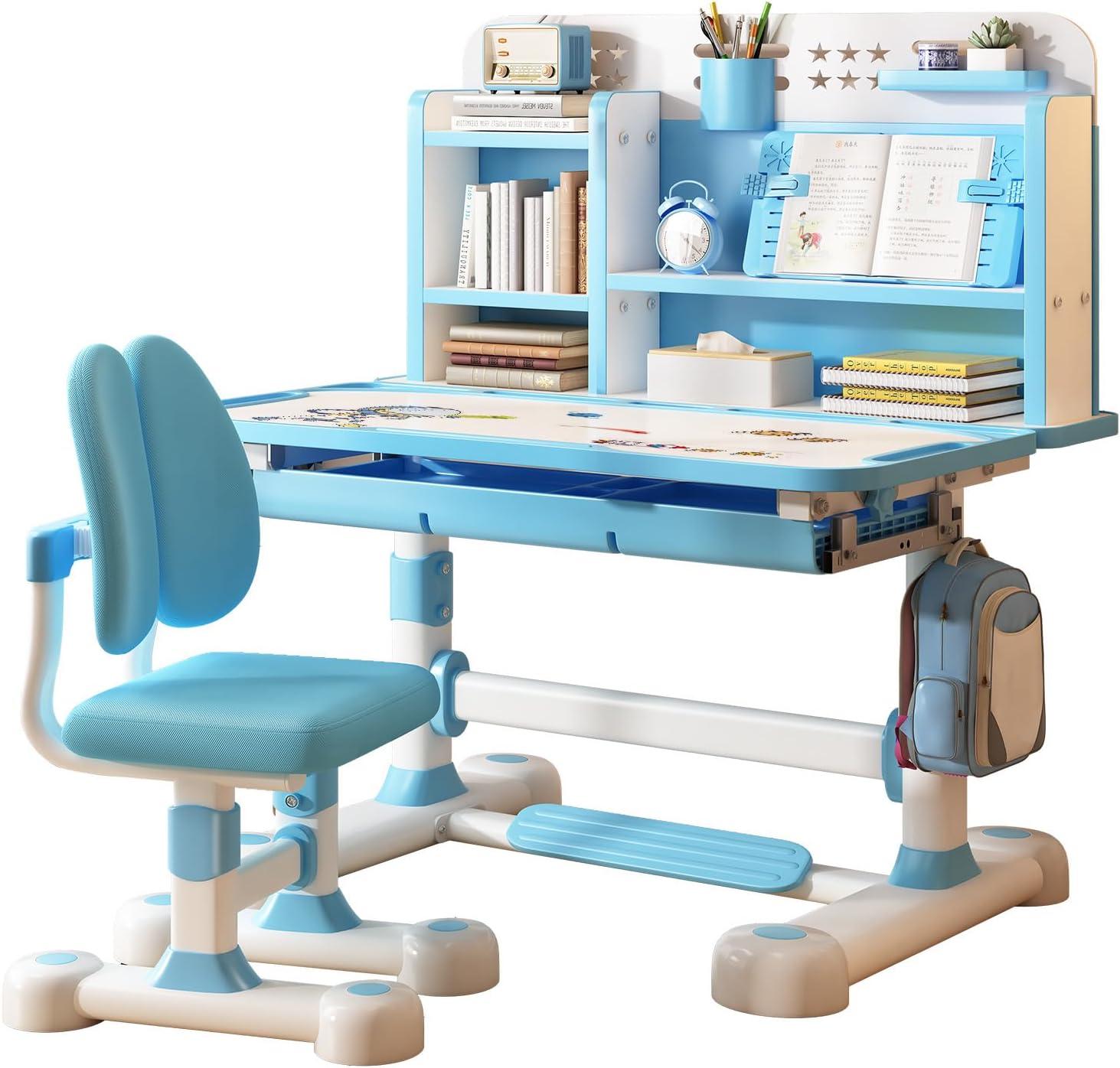 Upgrade Kid Desk and Chair Set, 50-Degree Tiltable Desktop Height Adjustable Kids Table and Chair Set with Bookshelf Storage Drawer for Bedroom Study Room (Blue B)