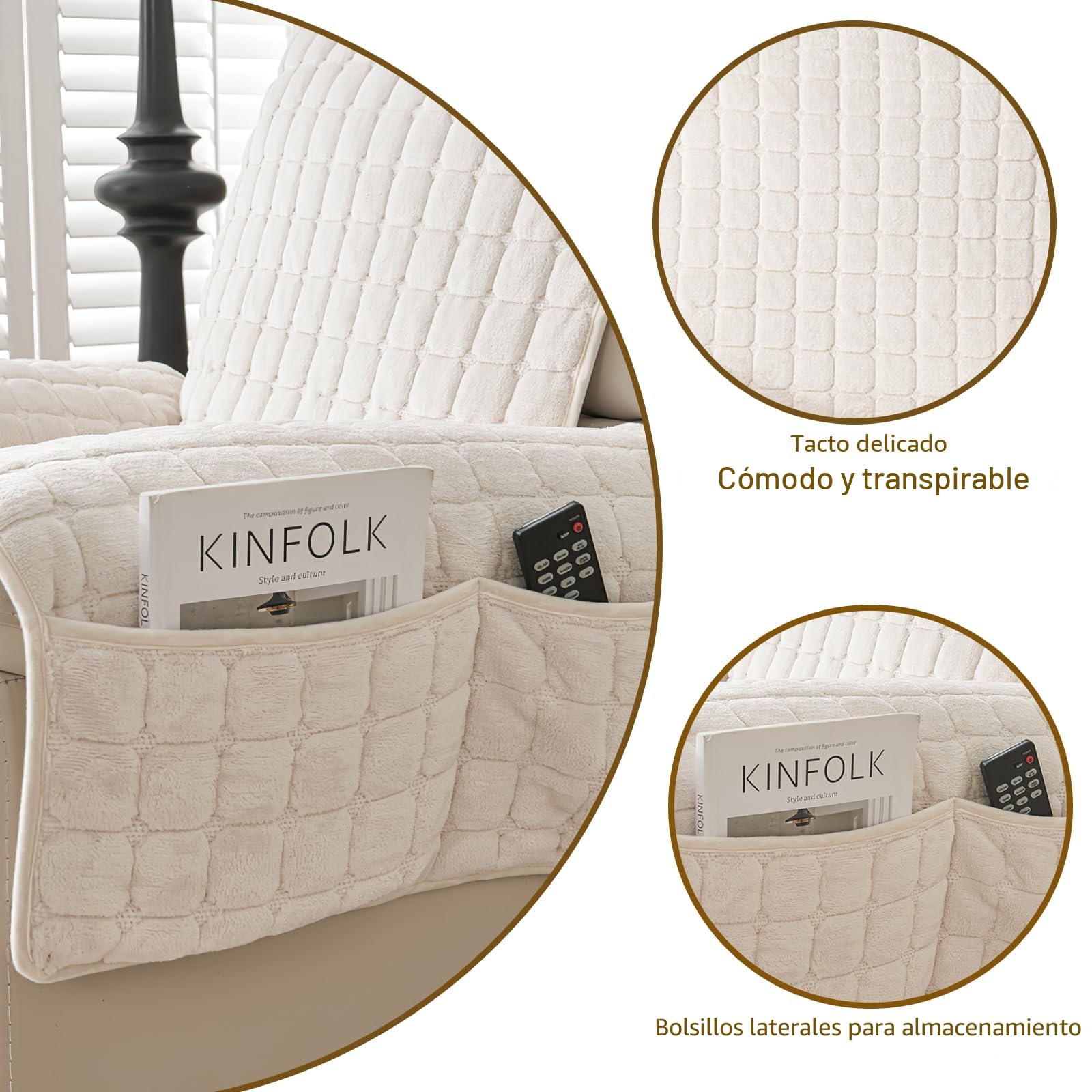 Funda para sillón Relax reclinable universal, funda para sillón de 1 plaza con bolsillos y elástico, funda para sillón con reposabrazos, protección antimanchas y antiarañazos, lavable, beige, 1 plaza