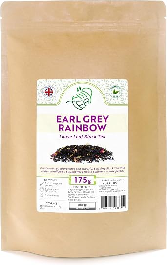 Earl Grey Rainbow Loose Leaf Tea   Premium Ceylon Black Tea Infused With Bergamot Oil - with Saffron & Cornflowers & Sunflowers & Rose Rainbow, 175g