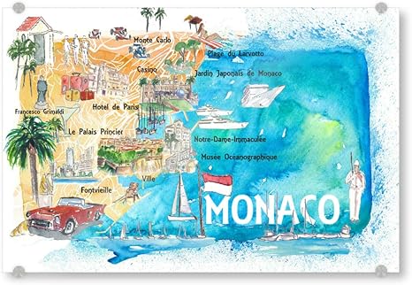 Map Of Monaco And France Amazon.de: Artboxone Acrylglasbild 90X60 Cm Städte Monaco Monte Carlo  Illustrated Map - Bild Monaco France Frankreich