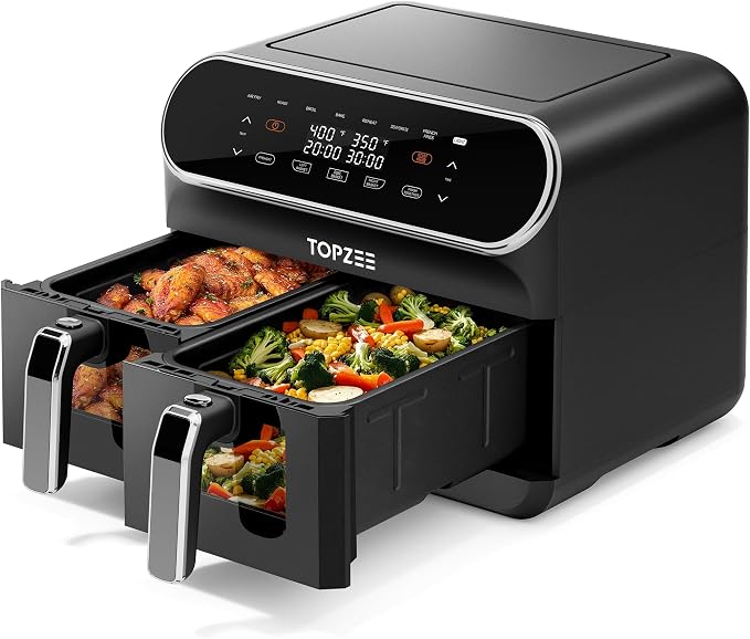 8-QT Large Air Fryer - Dual Basket Airfryer with Easy View Windows, Preheat, Air Fry, Roast, Broil, Bake, Dehydrate, 2 Independent 4 QT Nonstick Dishwasher Safe Baskets, Black