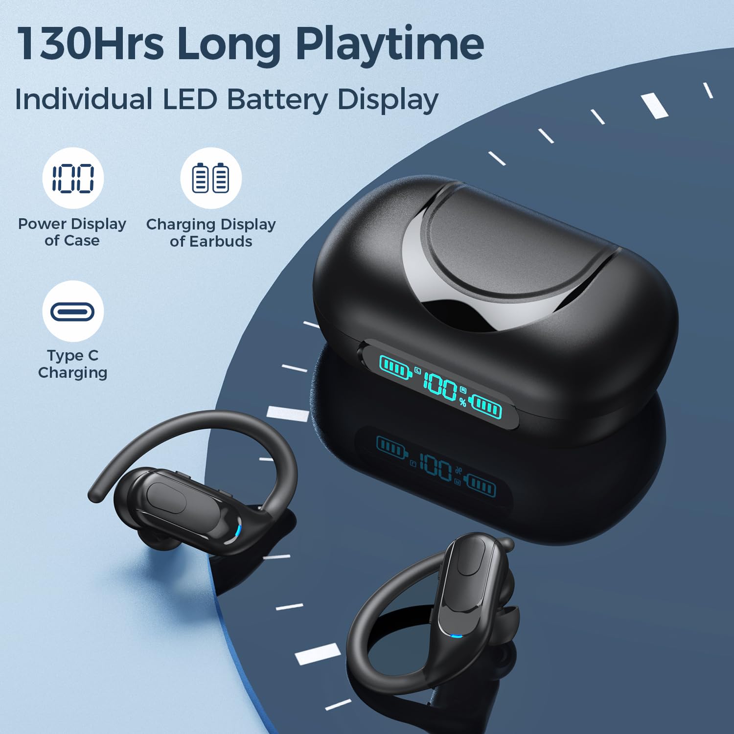 Cuffie Bluetooth 5.3 Auricolari senza fili 130 ore di autonomia Ricarica senza fili Auricolari IPX7 Impermeabili con ganci per orecchie Display a LED per lo sport e la corsa