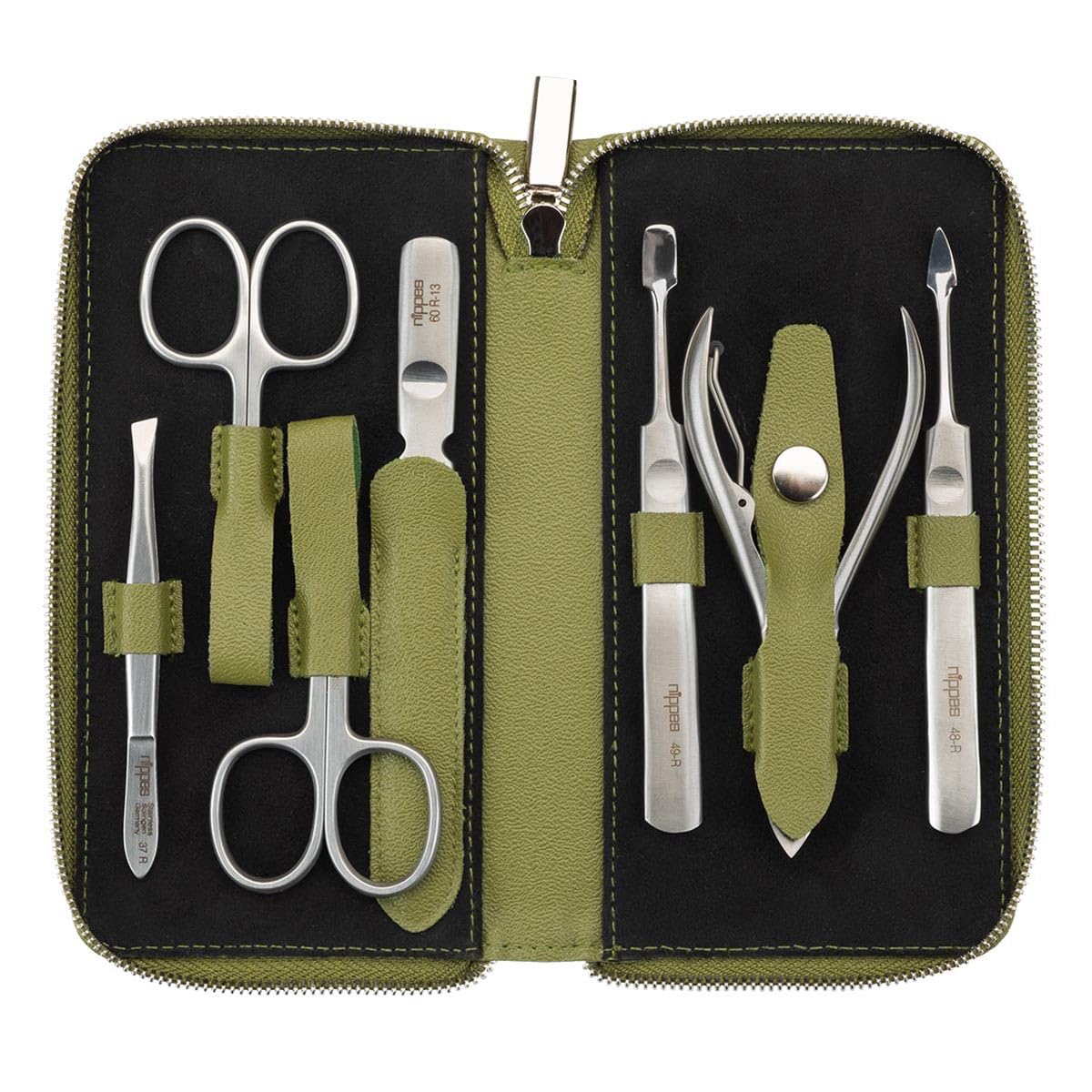 nippes Solingen Maniküre Set Verde, 7-tlg., veganes Eukalyptus-Leder-Etui | rostfrei, nickelfrei, Hautschere, Nagelschere, Saphirfeile, Universalpinzette, Nagelzange, stabiler Druckknopf-Verschluss