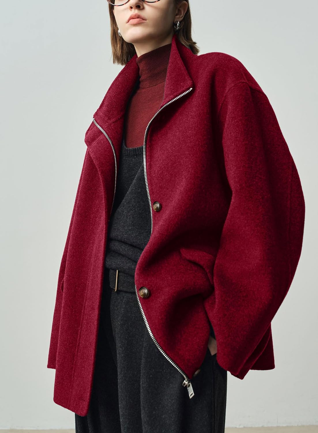 chouyatou Women's Winter Stand Collar Wool Trench Coat Zip Up Dressy Casual Short Pea Coat Overcoat with Pockets