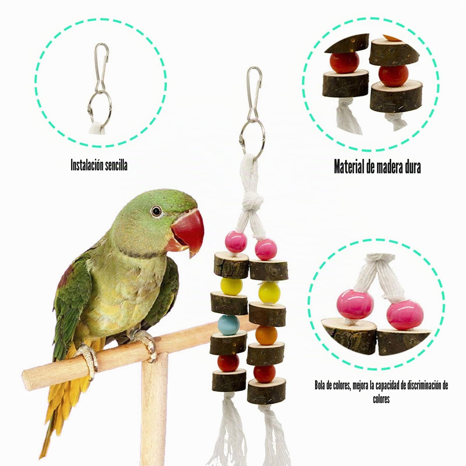 Juguetes de Ave Colorida para Masticar, 7 Piezas Pájaro Columpio de Juguetes, percada de Madera y Escalera, Colgar Juguetes de Jaula de Pájaro para Periquito Cockatiel Conure Guacamayo