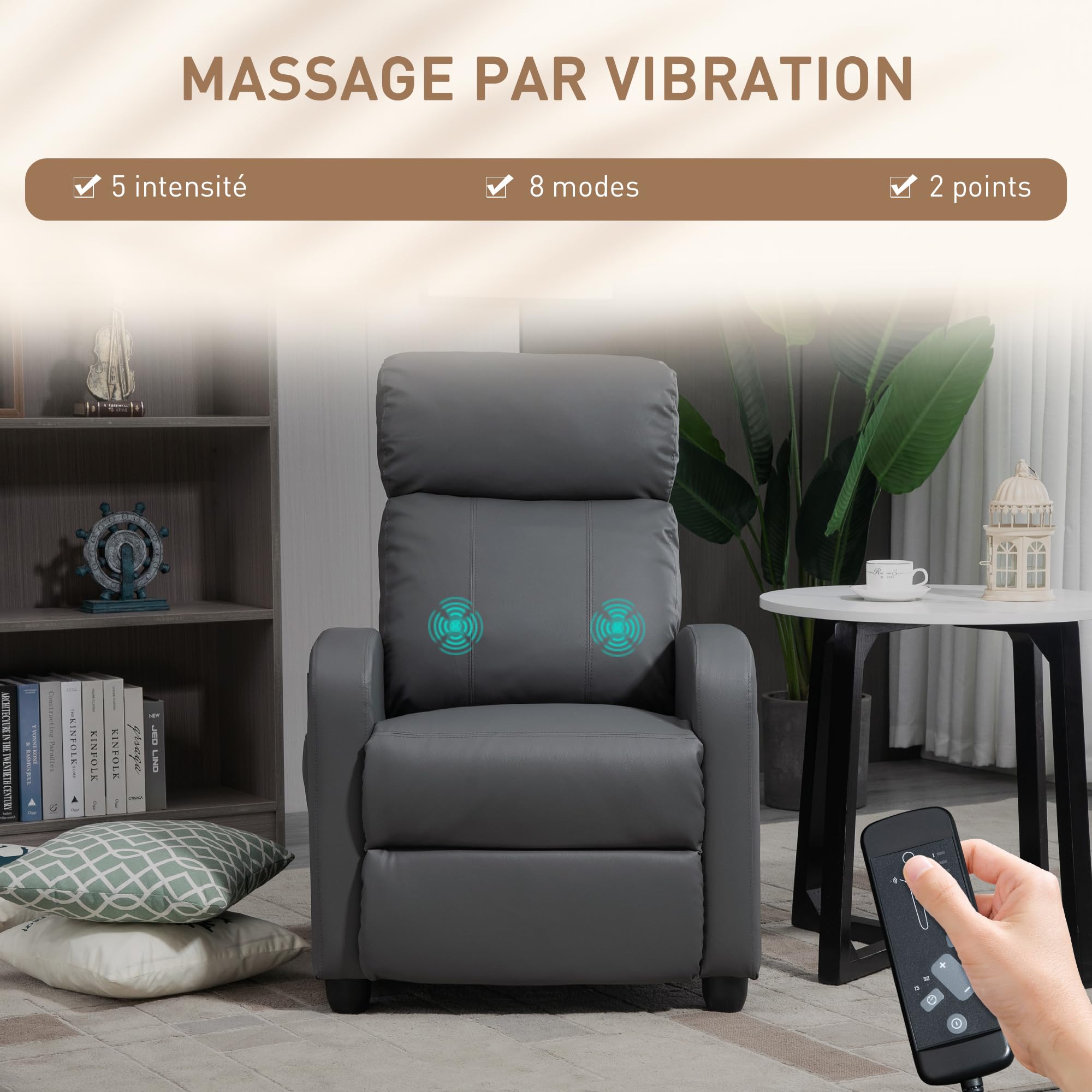 HOMCOM Fauteuil de Relaxation et Massage avec Inclinaison Manuelle Dossier Repose-Pied réglable revêtement synthétique Gris
