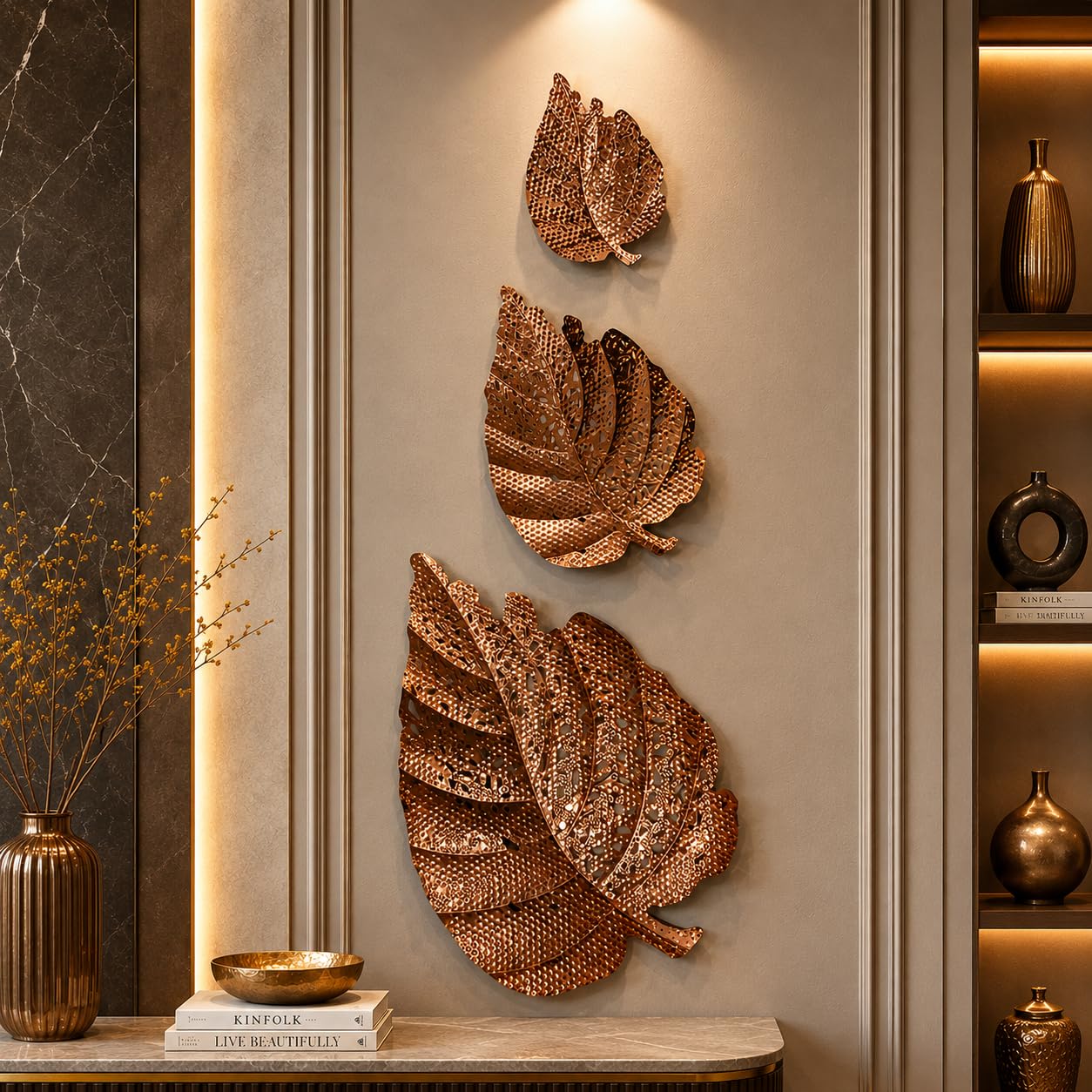SNS DECOR™ Luxury Copper Leaf Stainless Steel Wall Art Set of 3 for Living Room, Bedroom, Hotel, Restaurant – Premium Metal Wall Decor (Electroplated Copper Finish)-image-43