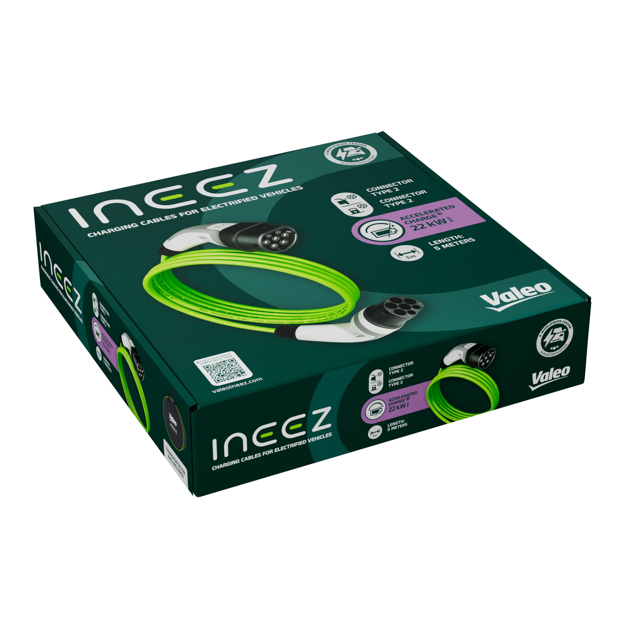 Valeo Ineez - 652105 - kabel do ładowania do pojazdów elektrycznych lub hybrydowych typu plug-in z torbą transportową - typ 2 na typ 2-22 kW - 5 metrów