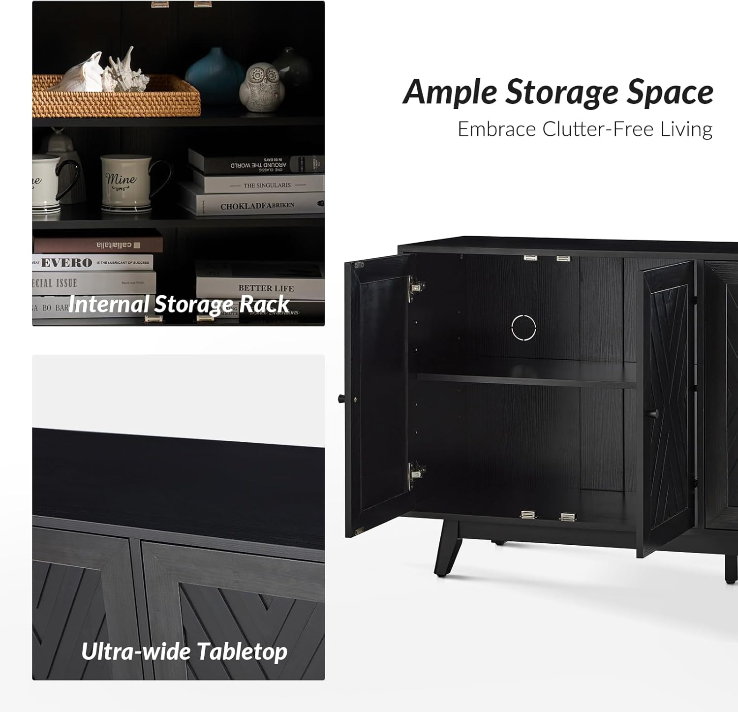 HULALA HOME Sideboard Buffet Cabinet, Wood Accent Storage Console Table with 3 Doors and Adjustable Shelves for Kitchen, Dining Room, Living Room, Hallway (Black)