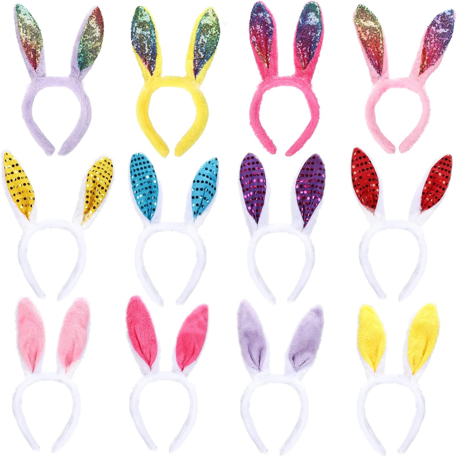 FunsLane Easter Bunny Ears Headbands, 12Pcs Plush Rabbit Headband for Easter Party Favor Costume Dress Up Accessories, Gift for Kids Cosplay Bunny Ears Headbands
