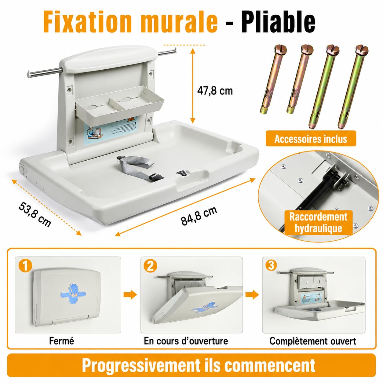 Station à langer murale commerciale, table à langer pliable pour salle de bain publique avec sangle de sécurité réglable, crochets double face et boîtes de rangement pliables