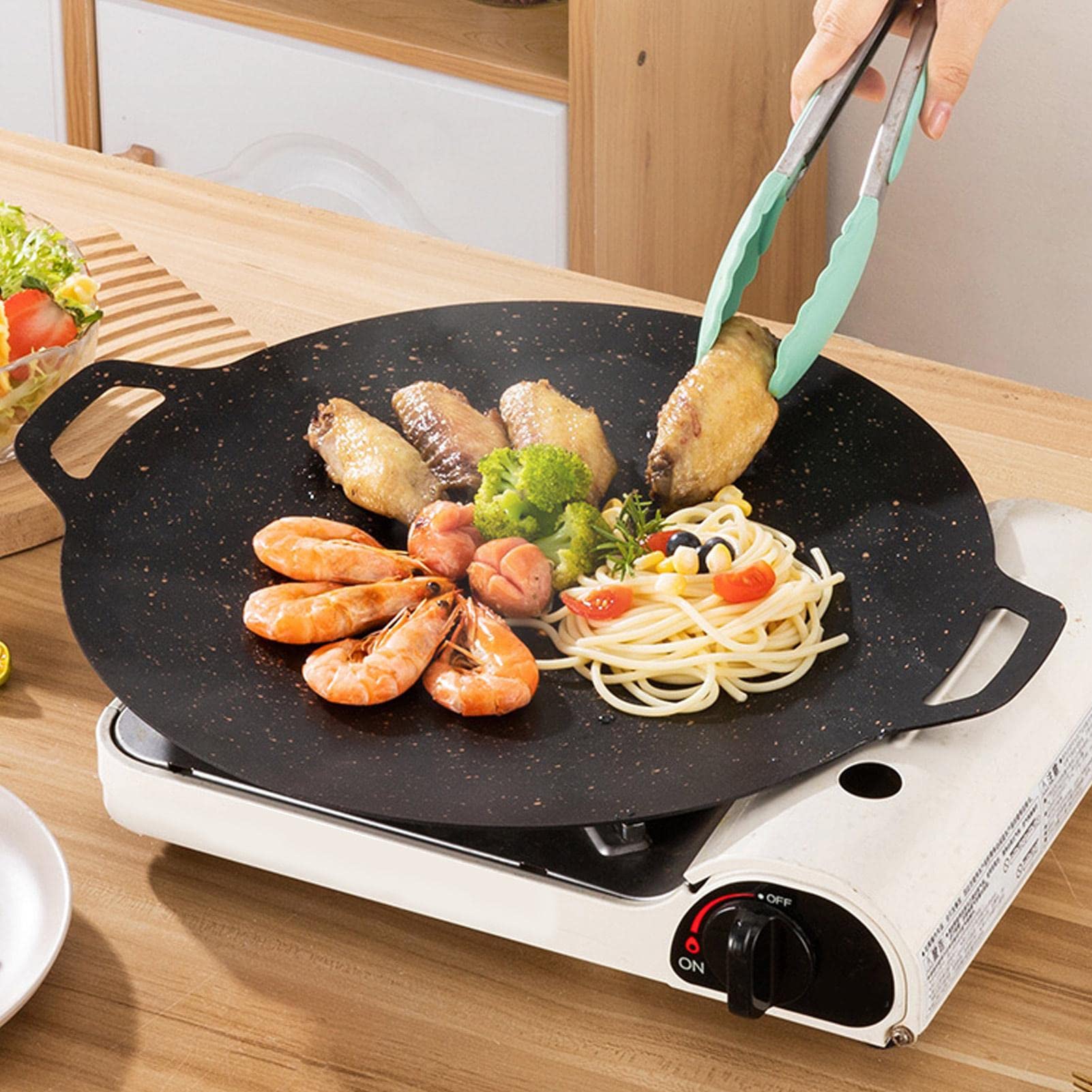 Poêle à griller coréenne antiadhésive, ronde, en fonte, portable, avec double poignées, pour induction, cuisinière à gaz, plaque de cuisson électrique, barbecue en plein air