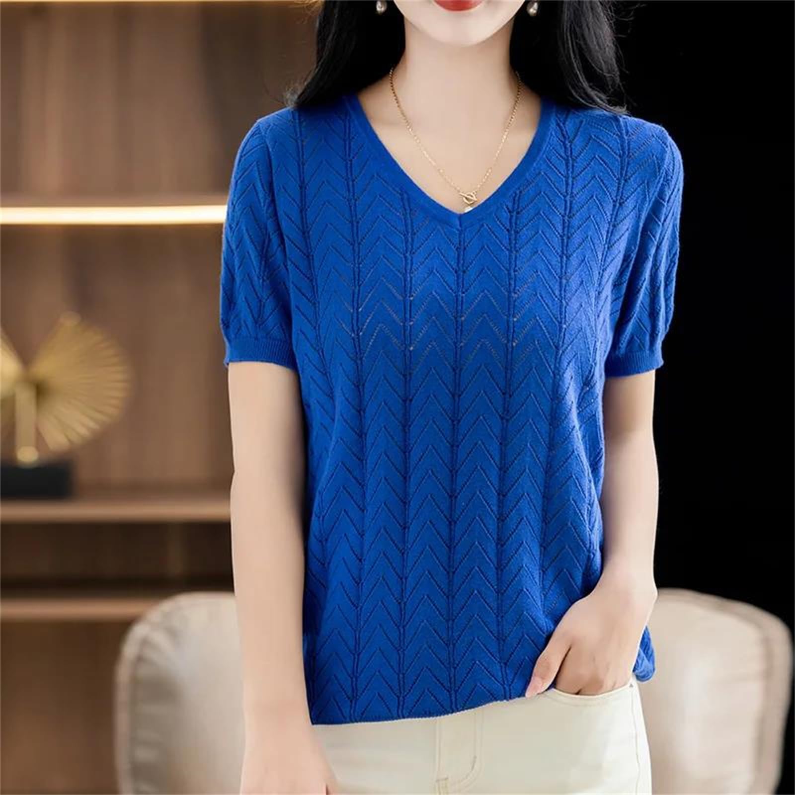 T-shirt uni à col en V et manches courtes pour femme - En coton - Coupe ample - Tendance - Pour l'été