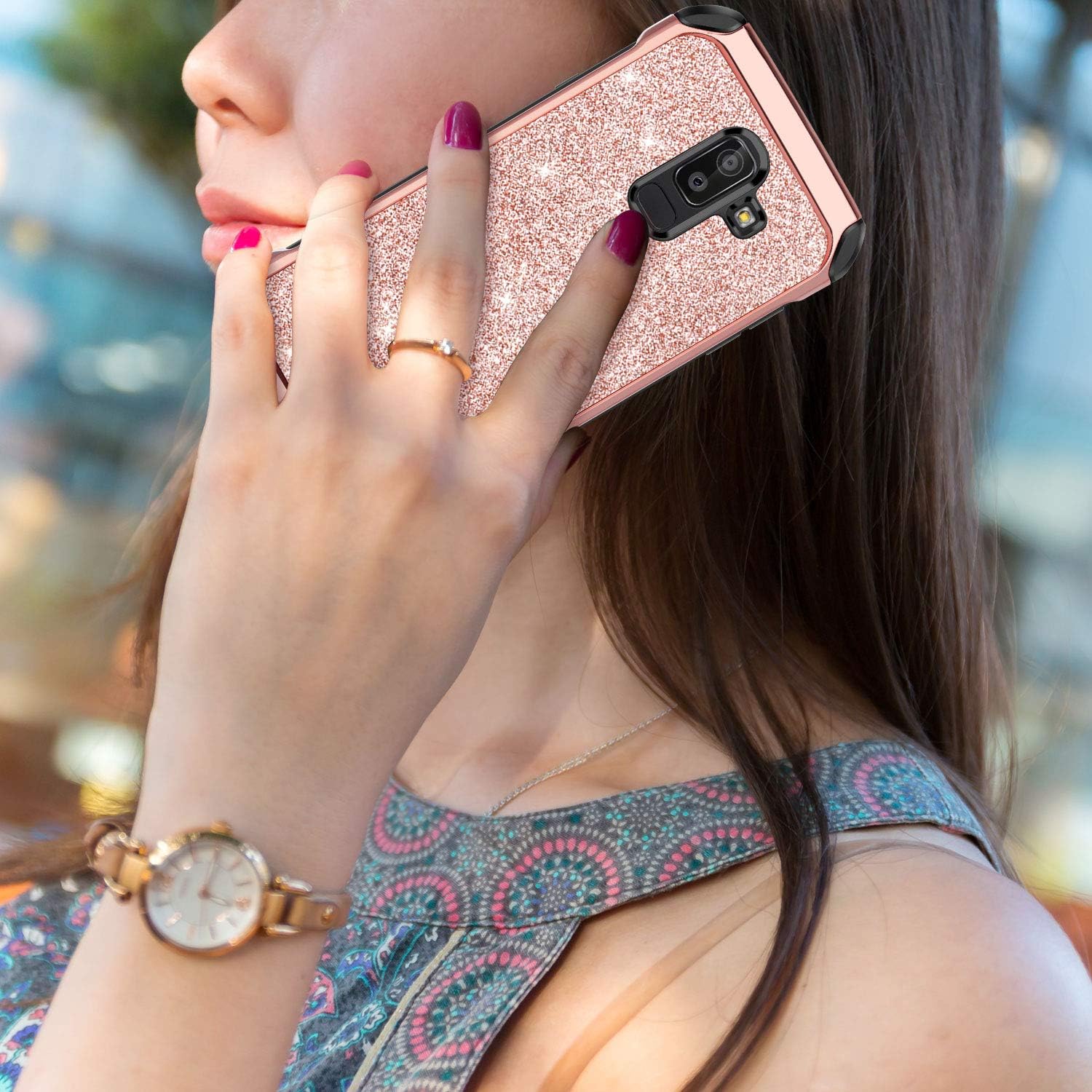 BENTOBEN Case for Galaxy J8 2018, 2 in 1 Slim Glitter Bling Sparkle Hybrid Hard PC Soft Rubber Heavy Duty Bumper Shockproof Full Body Protective Phone Cover for Samsung Galaxy J8 2018, Rose Gold