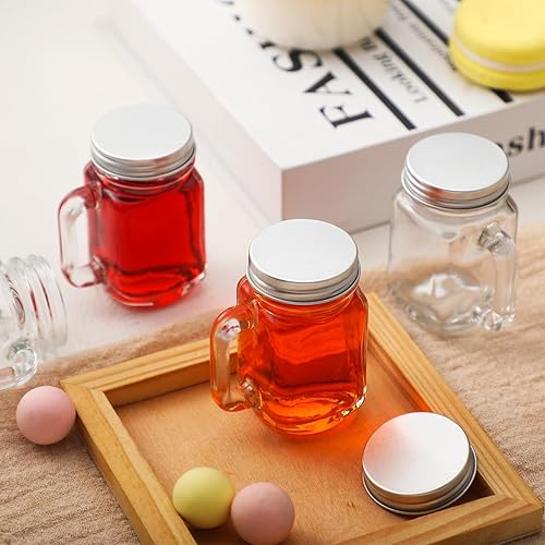 Miniatura 7 de Mifoci 100 vasos de chupito de 1 onza con tapas, tarros Mason con asas, tazas reutilizables, juego de tazas transparentes para el hogar, fiesta de
