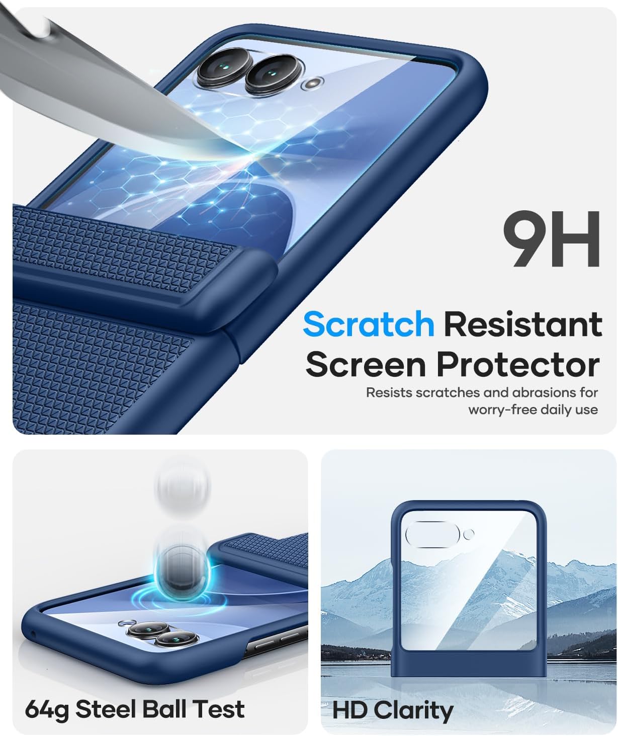 Vihibii for Motorola Razr 2025 Case with Hinge Protection & Outer Screen Protector, Slim Non-Slip Durable Rugged Drop Proof Shockproof Full Body Protective Phone Cover Case for Moto Razr 5G 2025, Blue