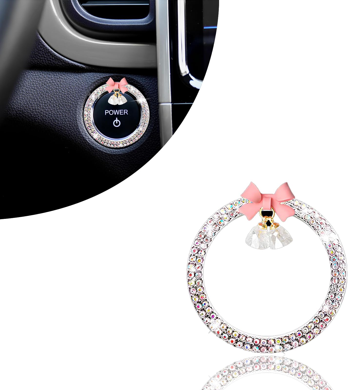 1 PC Cute Bow Bling Car Button Start Button Cover, Crystal Rhinestone Car Engine Stop Decoration Ring, Bling Car Accessories for Women, Shiny Key Ignition and Knob Ring (Multicolored)