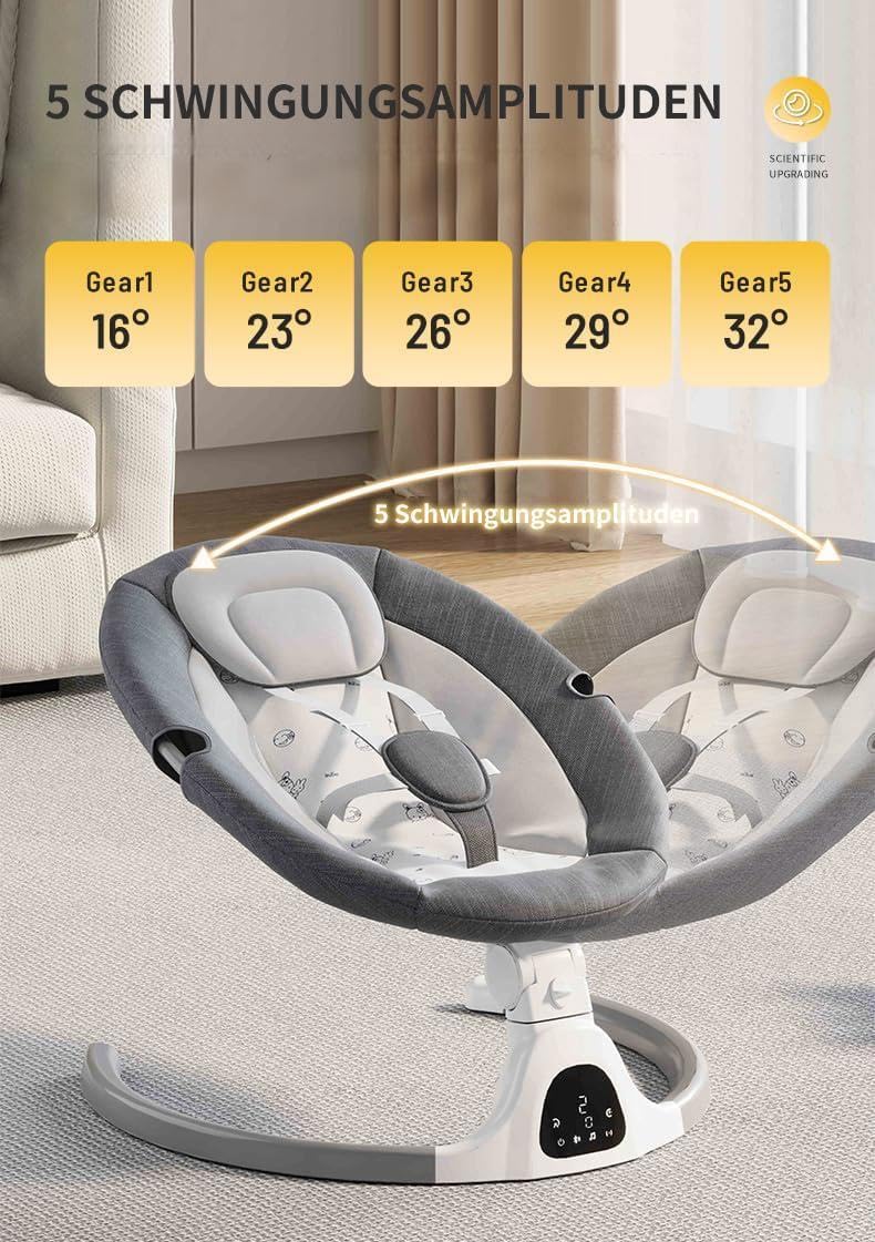 Altalena Baby Bluetooth Baby Altoparlante musicale 5 velocità con 12 ninna ninna ninna preimpostata telecomando Baby dondolo per interni con sedia touch screen per 5