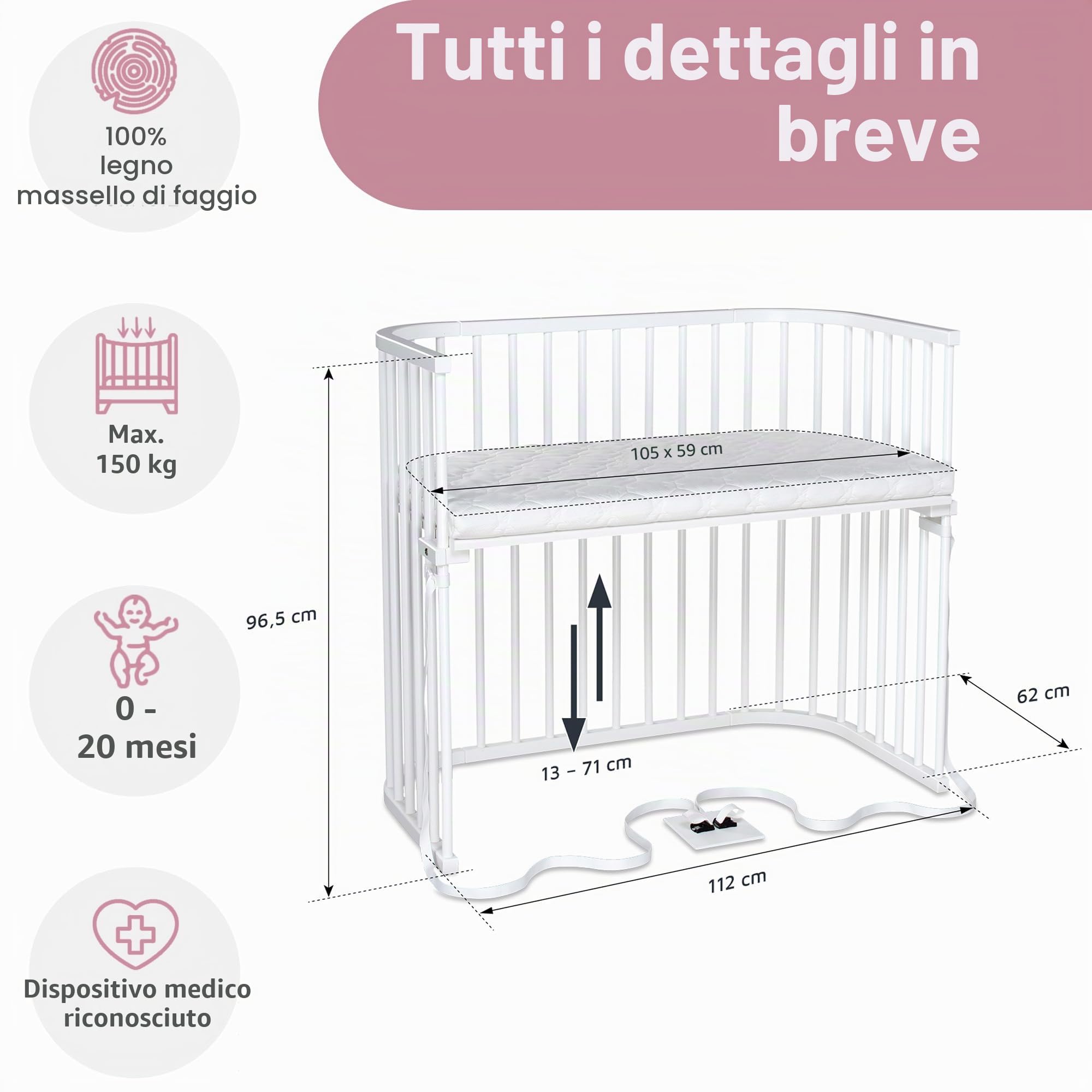 babybay Boxspring XXL letto laterale in legno massello di faggio I altezza del lettino Lettino I infinitamente regolabile ed ecologico che cresce con il bambino, laccato bianco