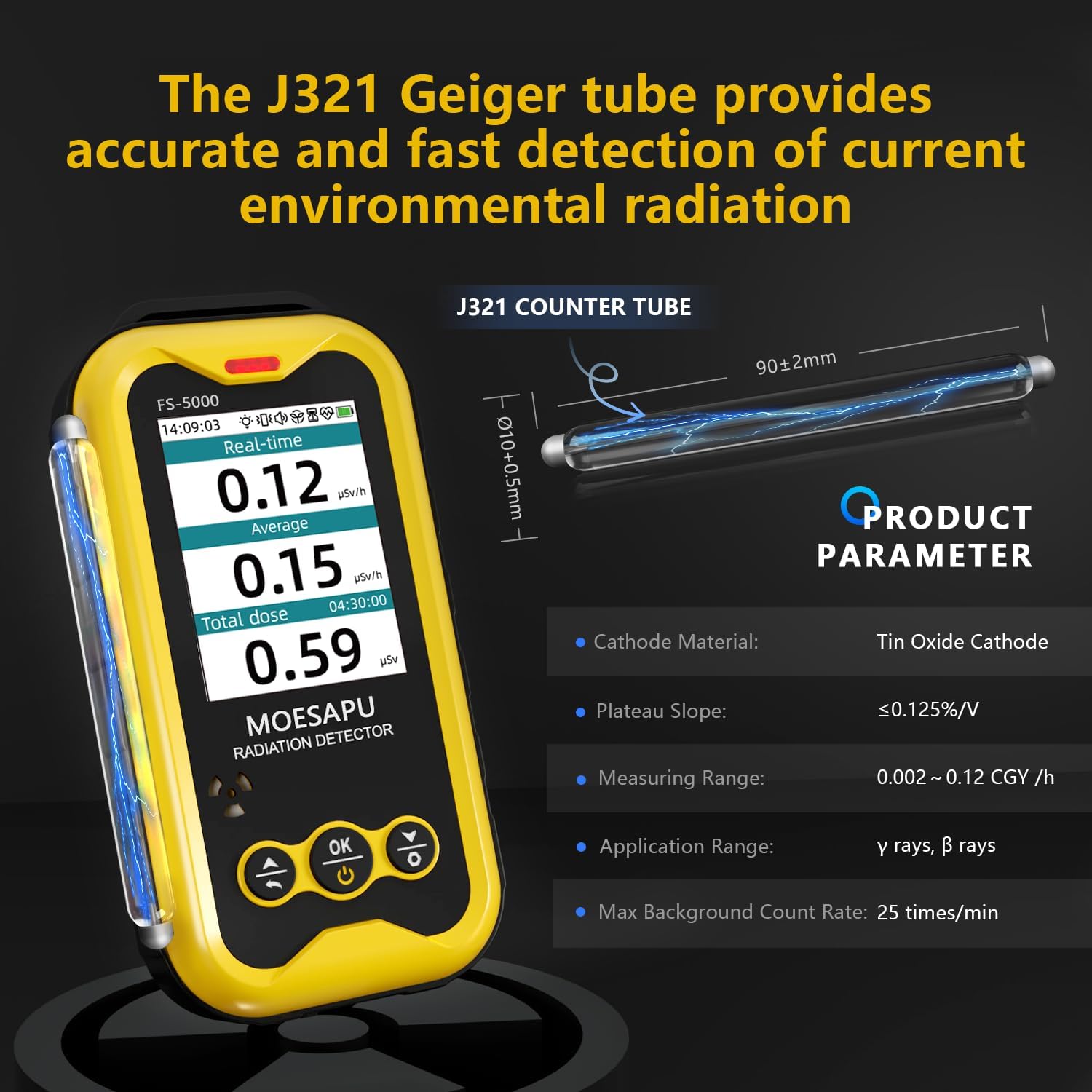MOESAPU Geiger Counter Nuclear Radiation Detector, Rechargeable Handheld Radioactive Dosimeter with 2.4“ TFT Display GM Tube Detects X Ray Beta Gamma Portable Radiation Testing Device, FS5000 (Amber) — Amazon image 9
