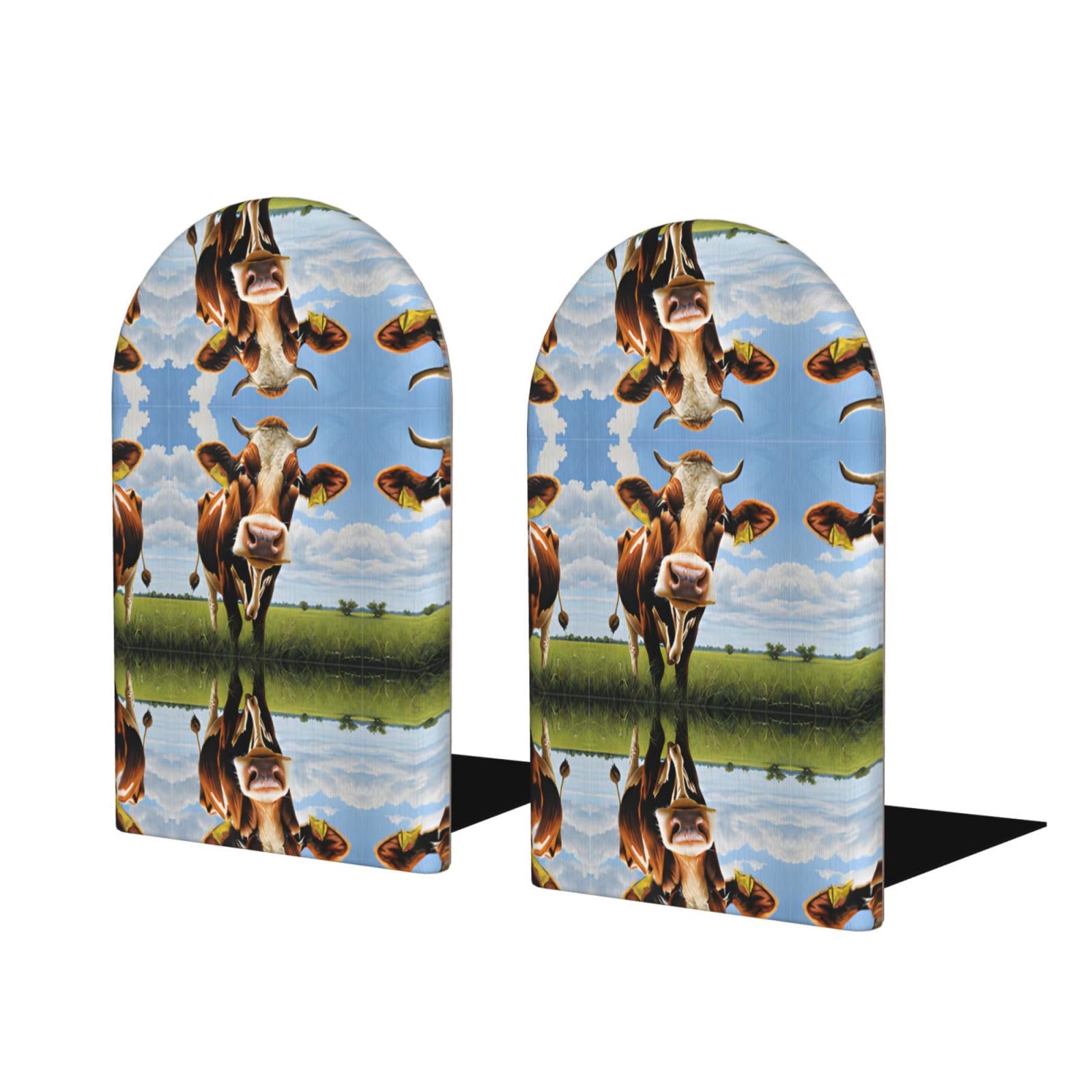 Cute Cow Stylish Bookends with Full-Print Design Durable Wooden and Metal Bookend Set for Home, Office