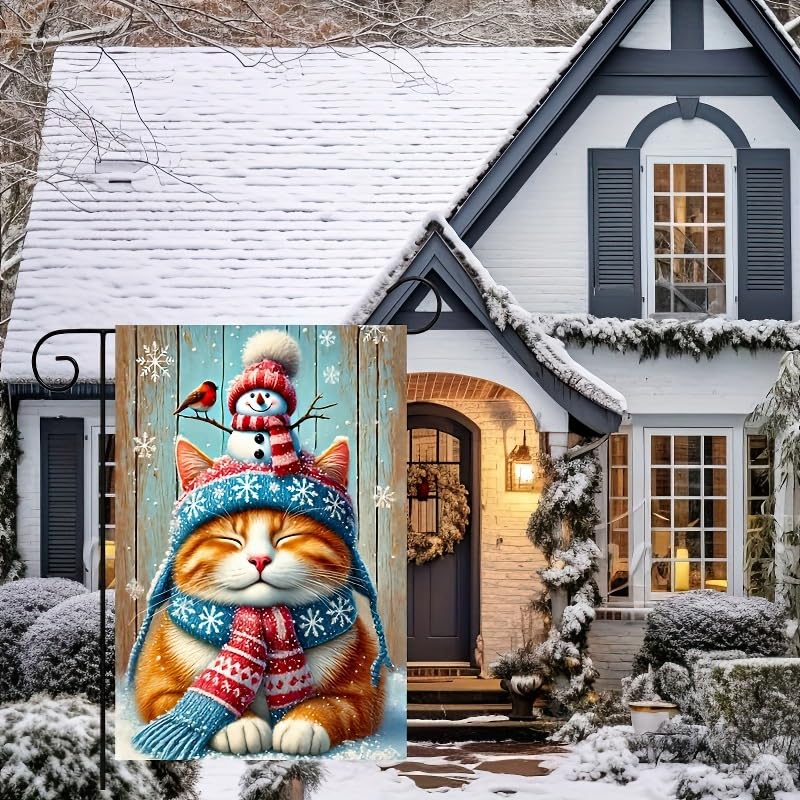 Image of BlissYard Garden Flag Snowman Cat Red Hat Winter 12x18 Inch Polyester