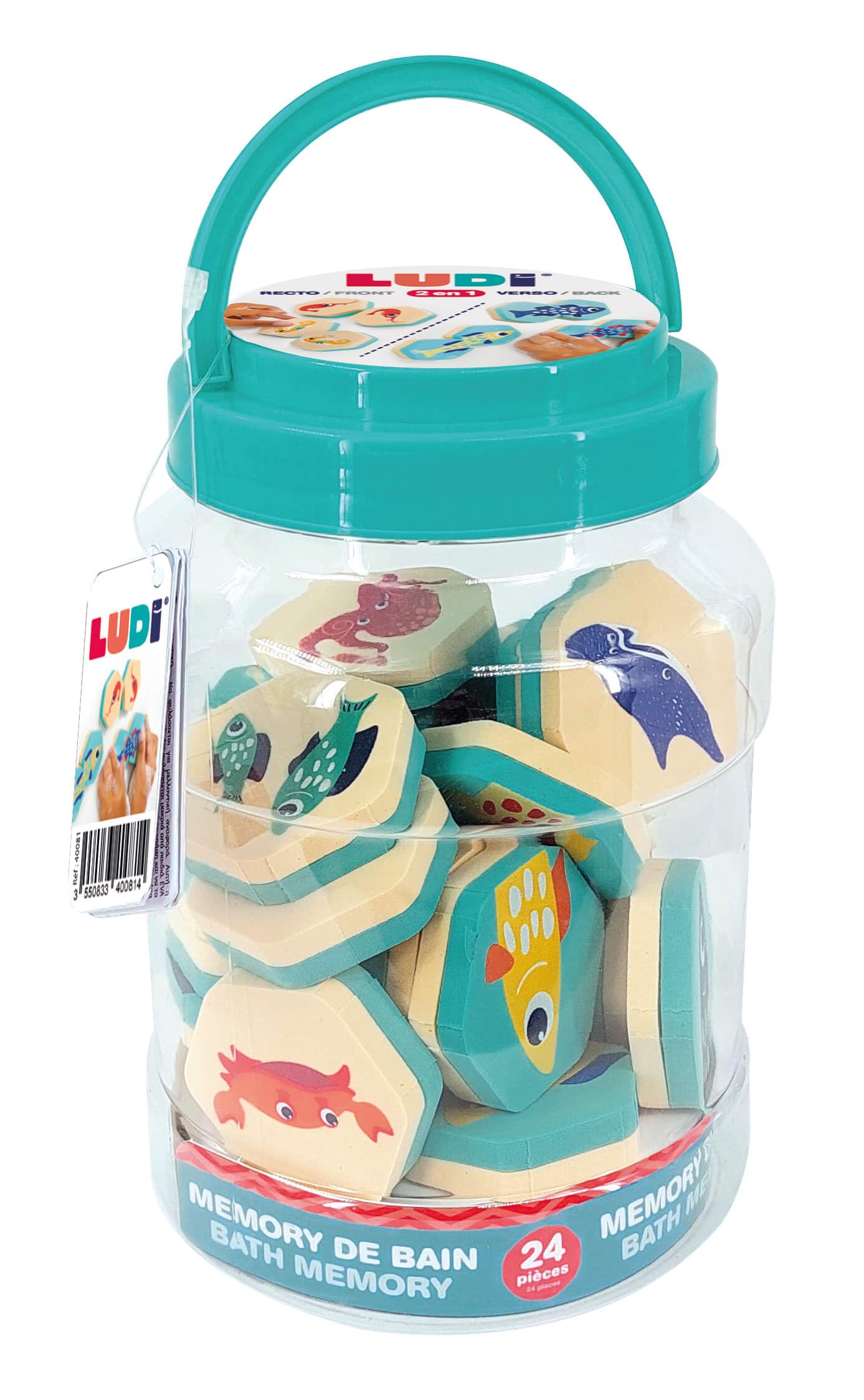 LUDI – Memoria de baño – 2 en 1 – Juego de Montaje de Pares de Animales y Rompecabezas – a Partir de 18 Meses – 24 Piezas de Espuma Impermeable – Tarro de Almacenamiento Incluido – Tema Marino