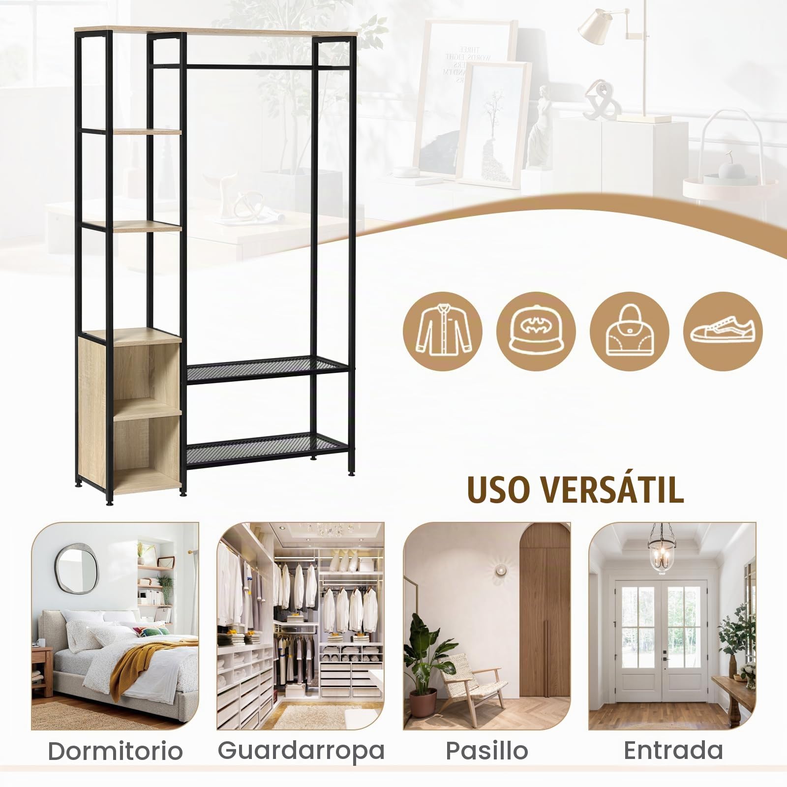 eSituro Perchero Ropa con Zapatero, 2 Estantes, 2 Compartimentos Abiertos y Barra de Colgar, para Entrada Recibidor, Madera+Metal, Roble Claro+Negro